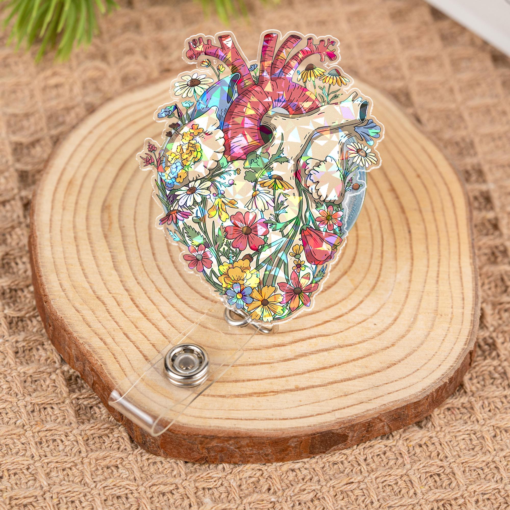 Floral Anatomical Heart Badge Reel, CVICU Nurse Gift, Retractable Acrylic ID Holder, Cardiac Nurse Badge Clip, Medical Staff Wildflower Art
