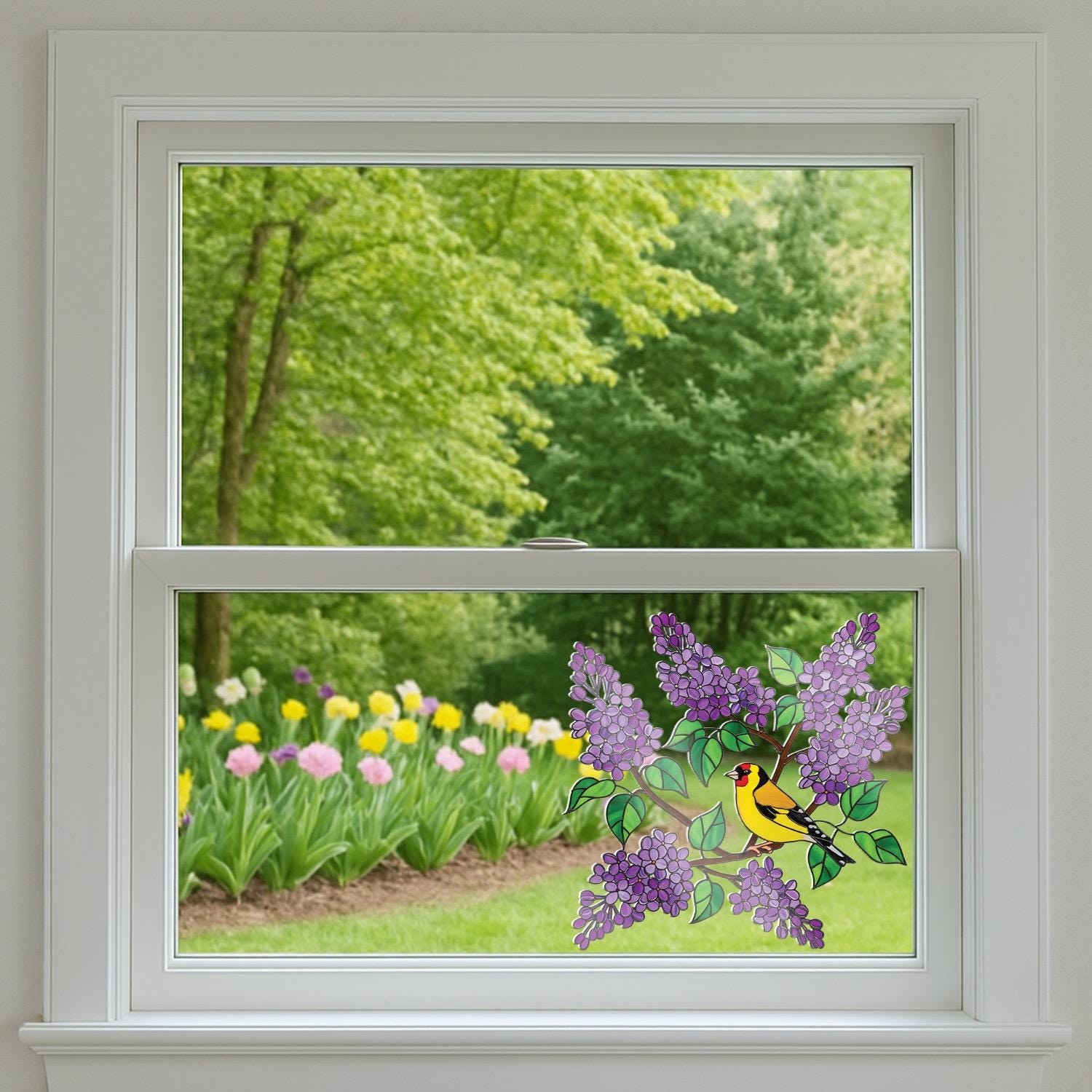 Goldfinch and Lilac Transparent Vinyl Window Decal – Floral Bird Suncatcher Sticker Gift for Mom or Grandma, Greenhouse decor