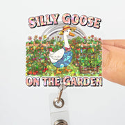 Silly Goose On The Garden Holographic Badge Reel, Funny Goose ID Holder, Cute Gardener Gift, Nurse Teacher Office Accessory