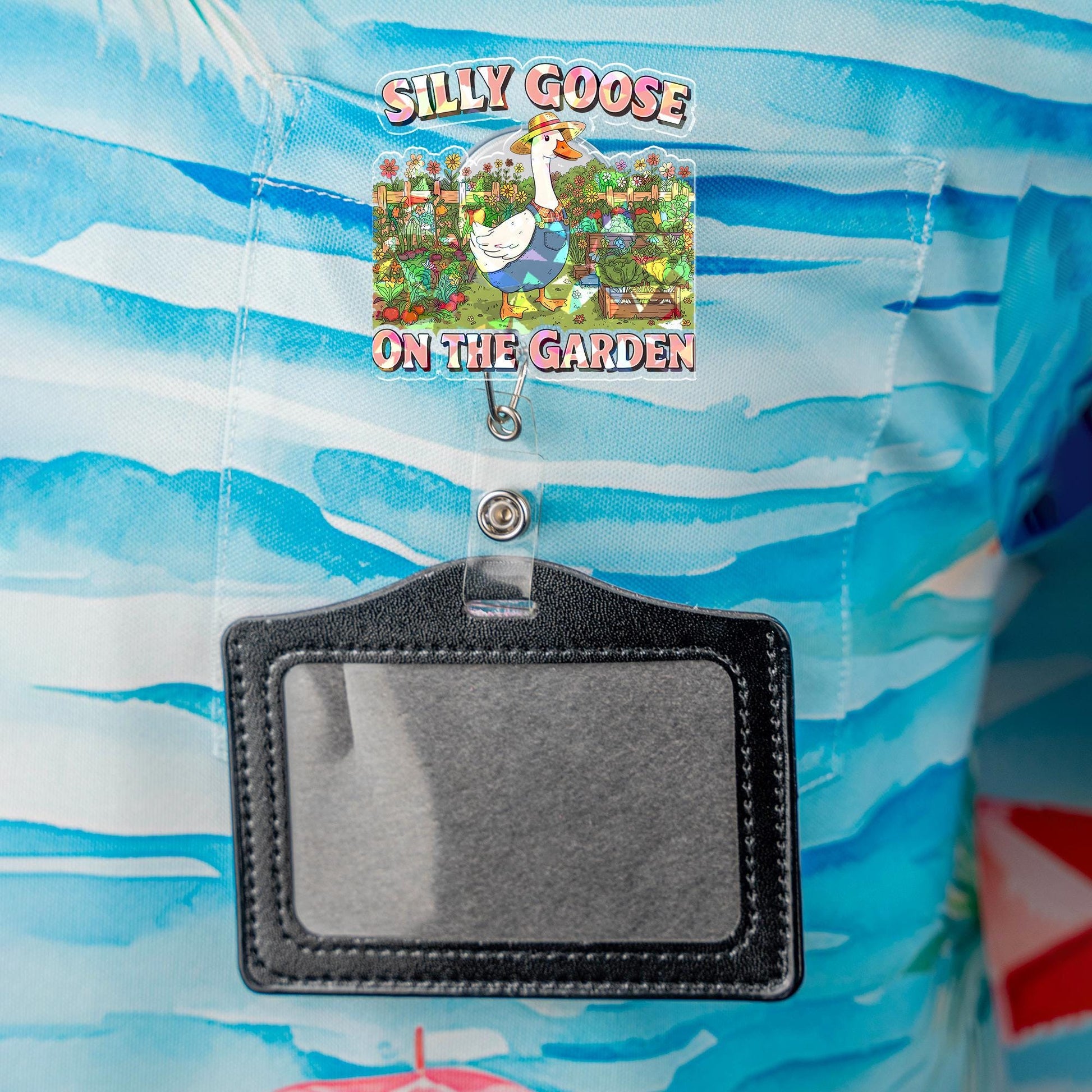 Silly Goose On The Garden Holographic Badge Reel, Funny Goose ID Holder, Cute Gardener Gift, Nurse Teacher Office Accessory