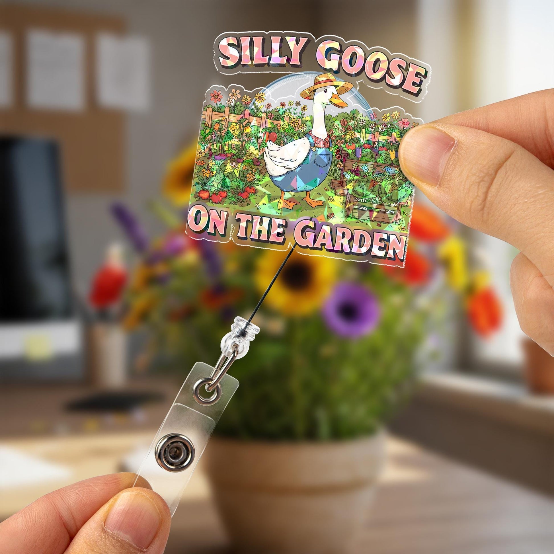 Silly Goose On The Garden Holographic Badge Reel, Funny Goose ID Holder, Cute Gardener Gift, Nurse Teacher Office Accessory