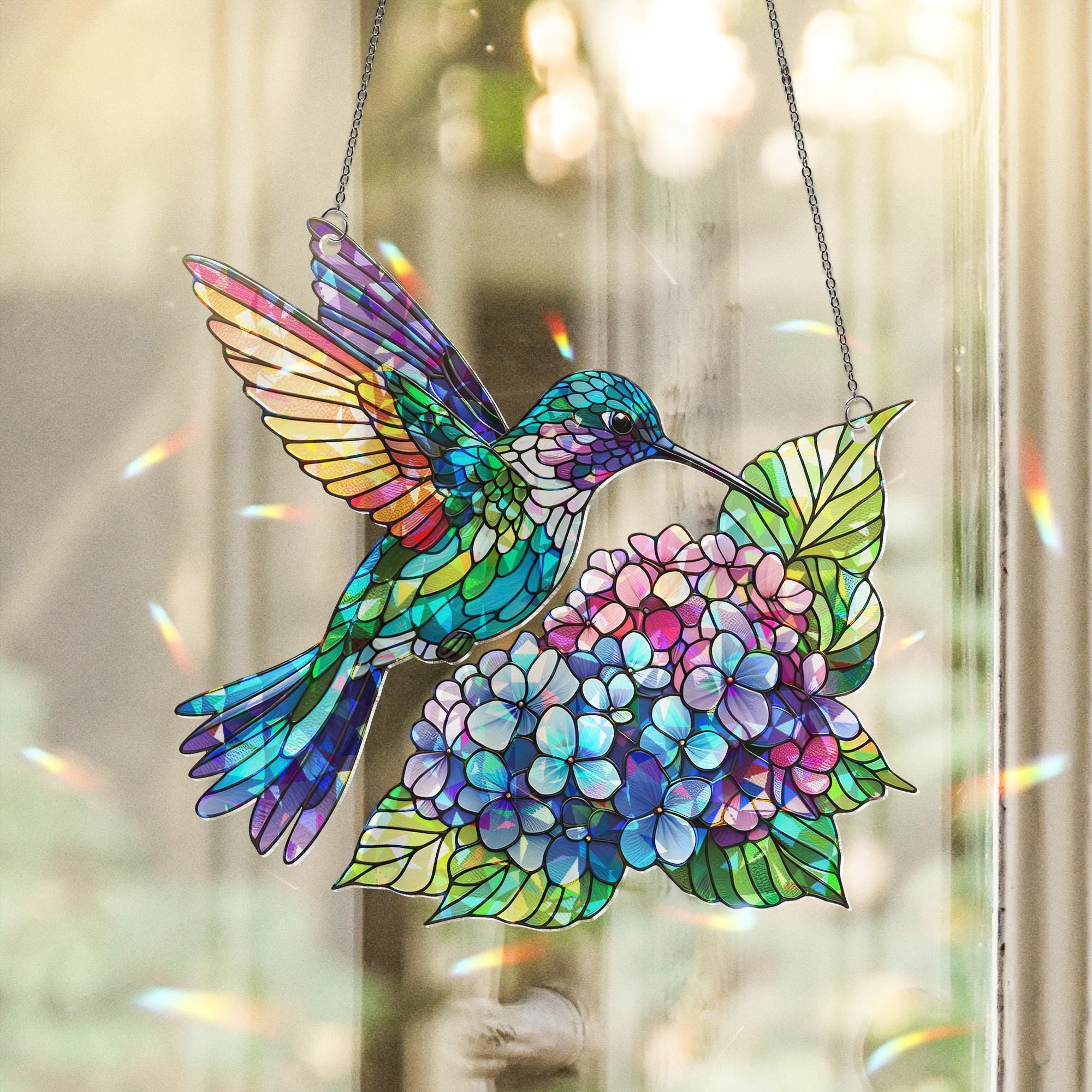 Hummingbird holographic Suncatcher - Mother's Day ACRYLIC Window Hanging Gift for Mom - Colorful Bird & Hydrangea Flower Decor