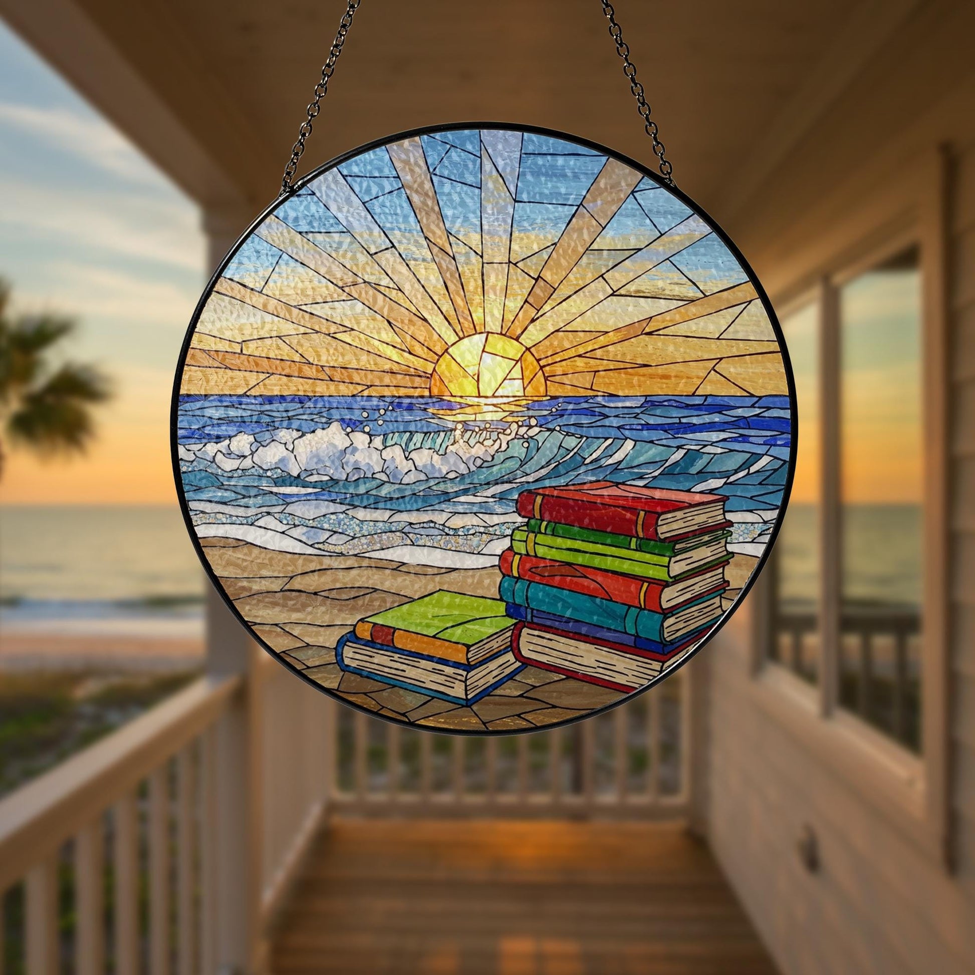 Book Stack And Beach GLASS Suncatcher, Beach Decor, Sunrise Book Lover Gift, Coastal Window Hanging, Reading Sun Catcher Art,Book Lover Gift