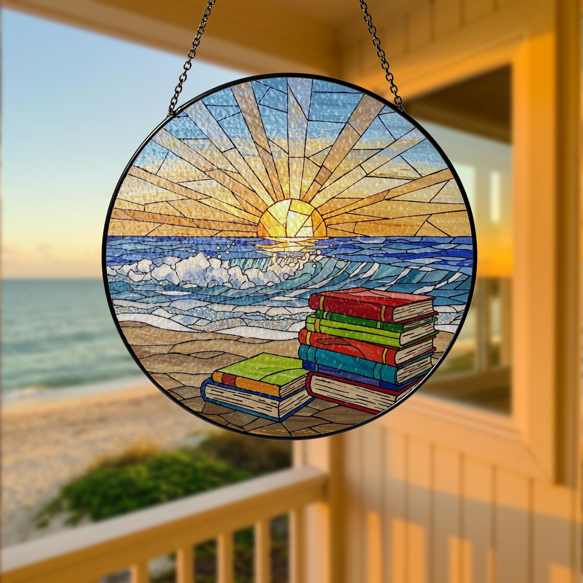 Book Stack And Beach GLASS Suncatcher, Beach Decor, Sunrise Book Lover Gift, Coastal Window Hanging, Reading Sun Catcher Art,Book Lover Gift