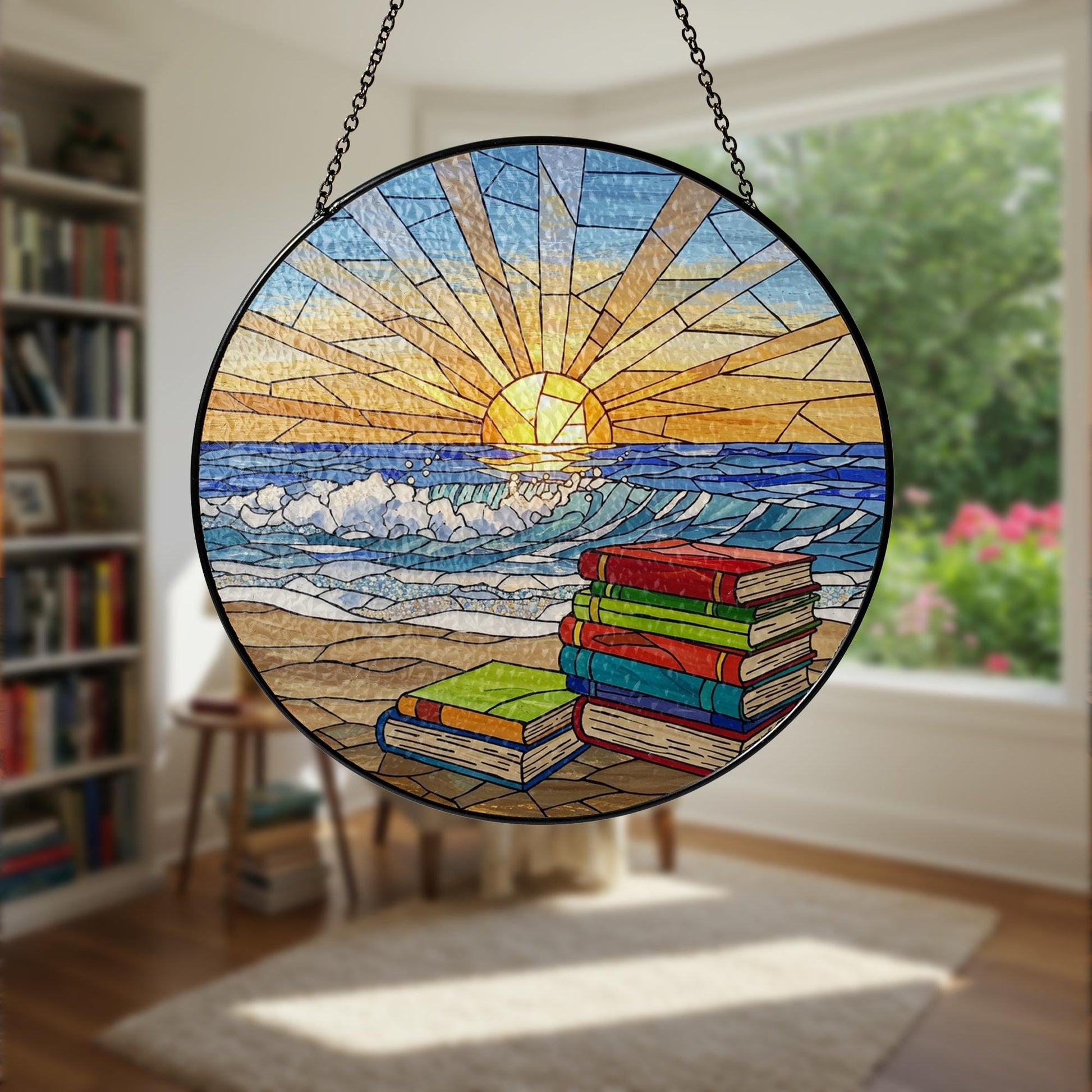 Book Stack And Beach GLASS Suncatcher, Beach Decor, Sunrise Book Lover Gift, Coastal Window Hanging, Reading Sun Catcher Art,Book Lover Gift