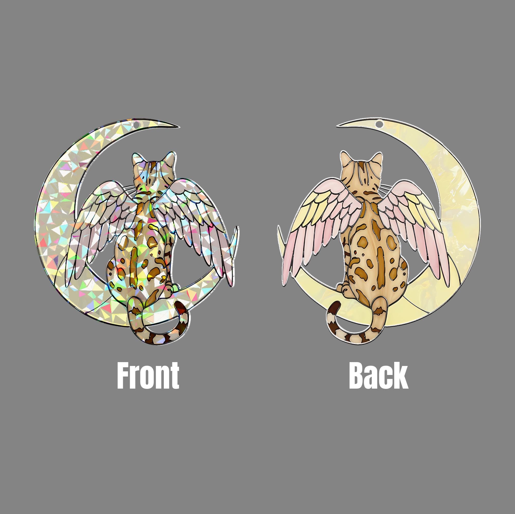 Bengal Cat Angel on Moon Hologram Acrylic Window Hanging, Cat Memorial Suncatcher, Pet Loss Gift, Celestial Cat Decor, Remembrance Art