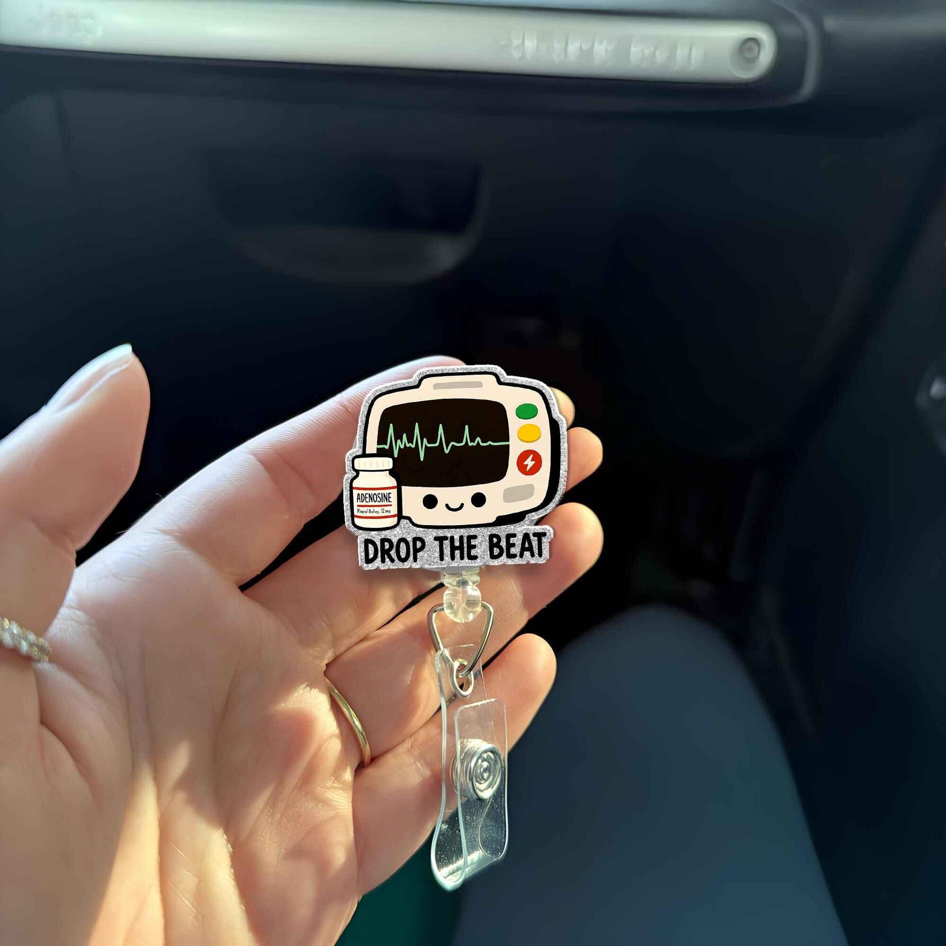 Drop The Beat Adenosine EKG Badge Reel, Funny Nurse Gift, Cute Heart Monitor Retractable ID Holder for Doctor EMT Cardiac Healthcare
