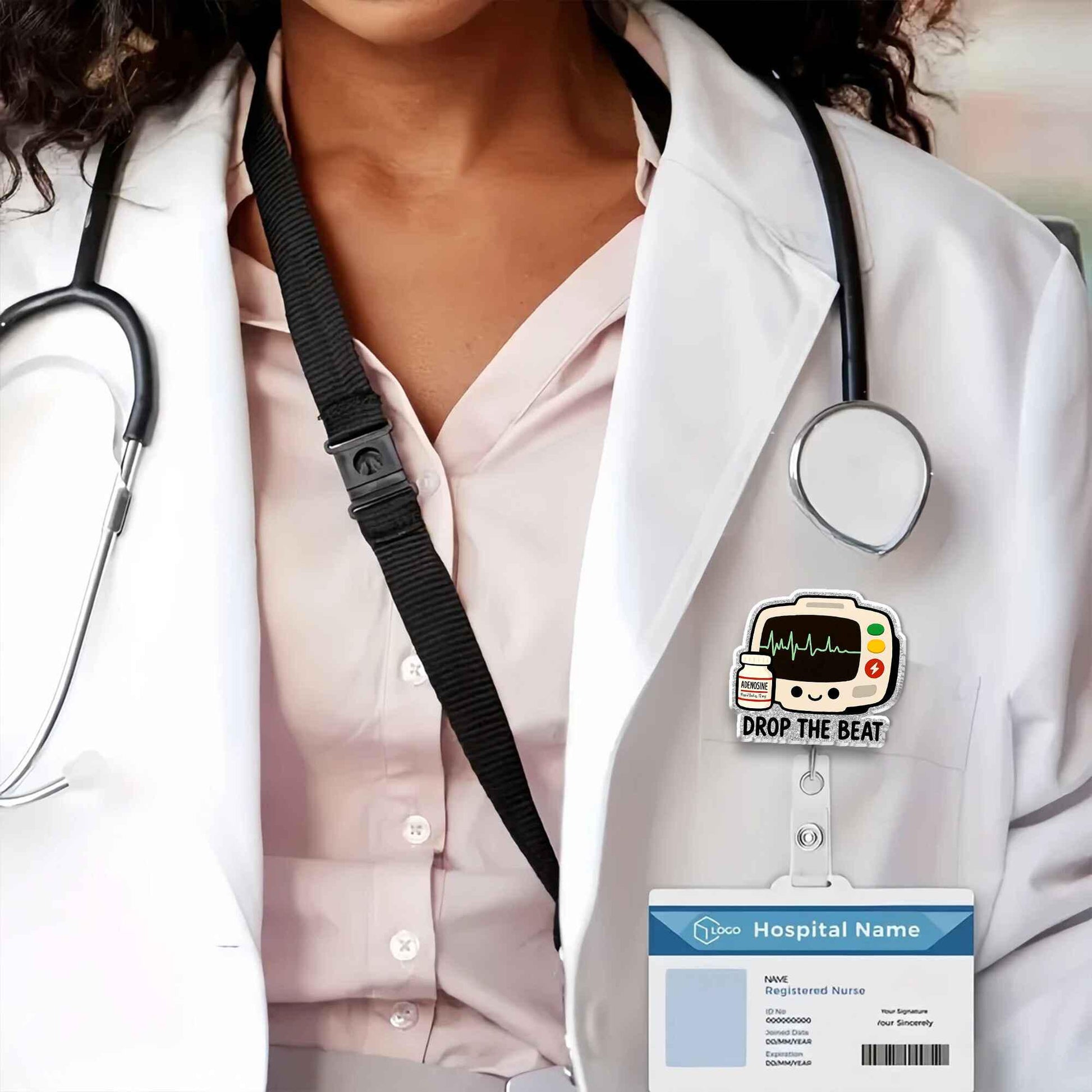 Drop The Beat Adenosine EKG Badge Reel, Funny Nurse Gift, Cute Heart Monitor Retractable ID Holder for Doctor EMT Cardiac Healthcare