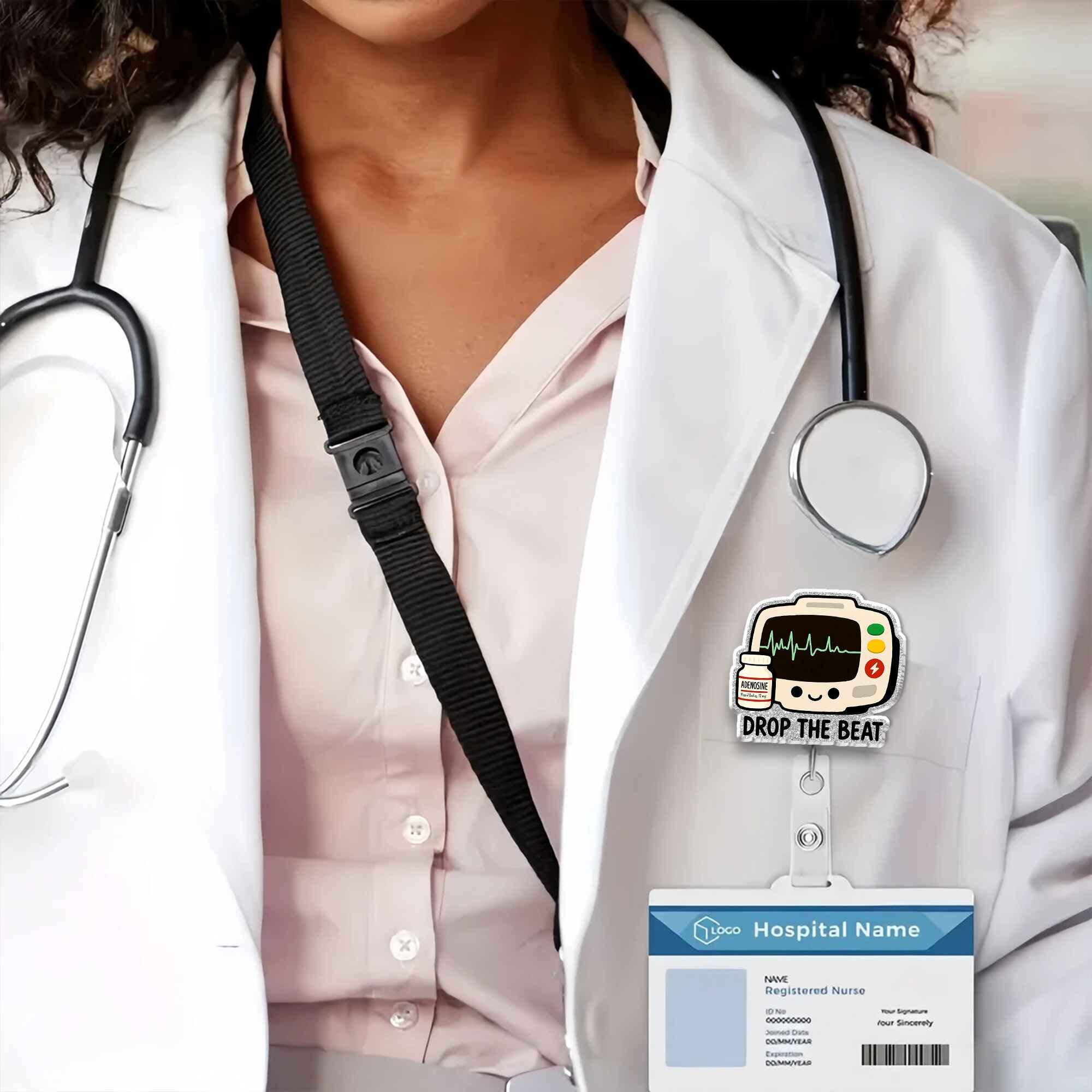 Drop The Beat Adenosine EKG Badge Reel, Funny Nurse Gift, Cute Heart Monitor Retractable ID Holder for Doctor EMT Cardiac Healthcare