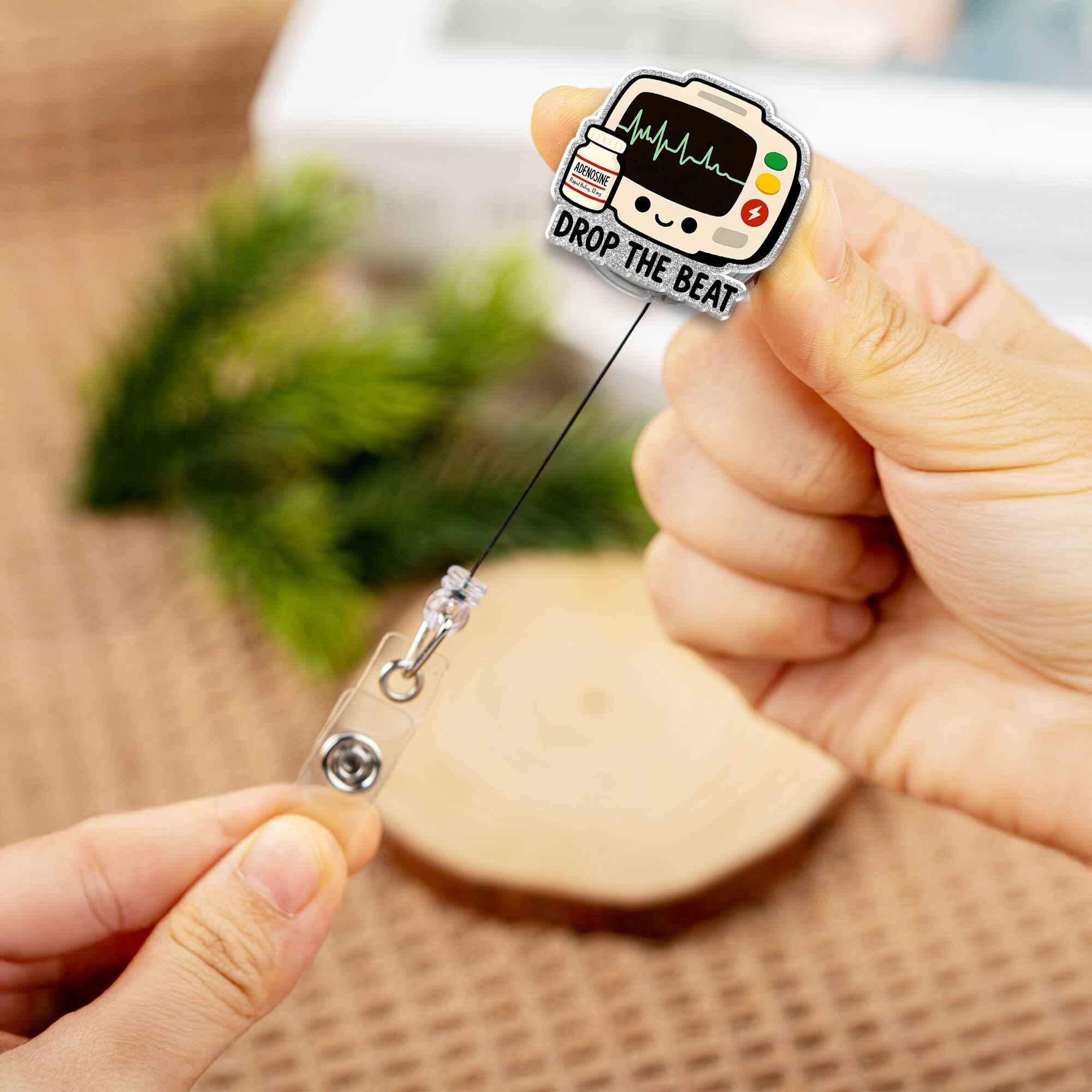 Drop The Beat Adenosine EKG Badge Reel, Funny Nurse Gift, Cute Heart Monitor Retractable ID Holder for Doctor EMT Cardiac Healthcare