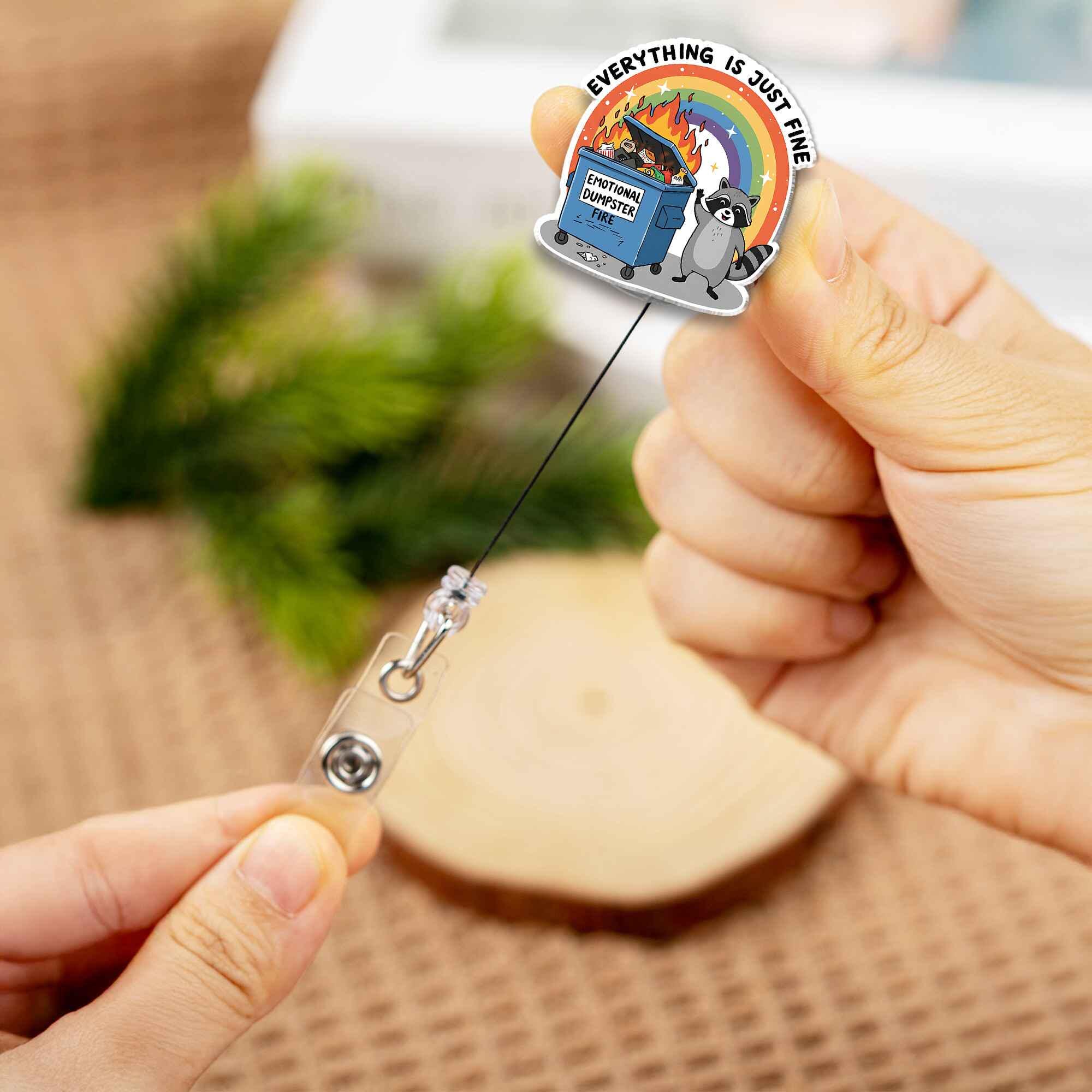 Emotional Dumpster Fire Badge Reel, Funny Raccoon Everything Is Fine ID Holder, Sarcastic Nurse Teacher Office Gift, Retractable Clip