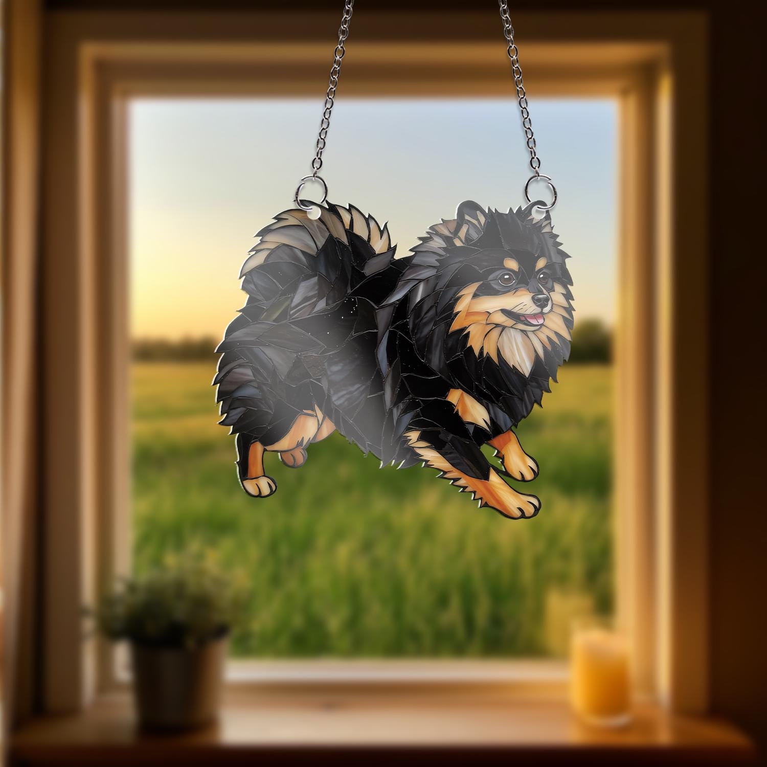 Black and Tan Pomeranian Acrylic Window Decor, Dog Lover Gift, Cute Pom Dog Art, Pet Window Hanging, Pomeranian Home Decor