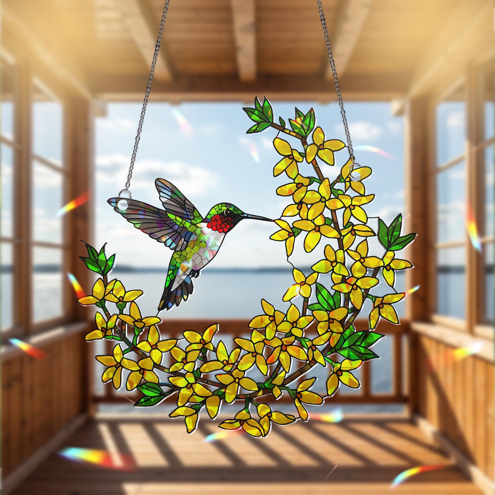 Hummingbird with Forsythia Flowers Acrylic Decor, Nature-Inspired Art, Bird Lover Gift, Floral Window Hanging, Spring Decor