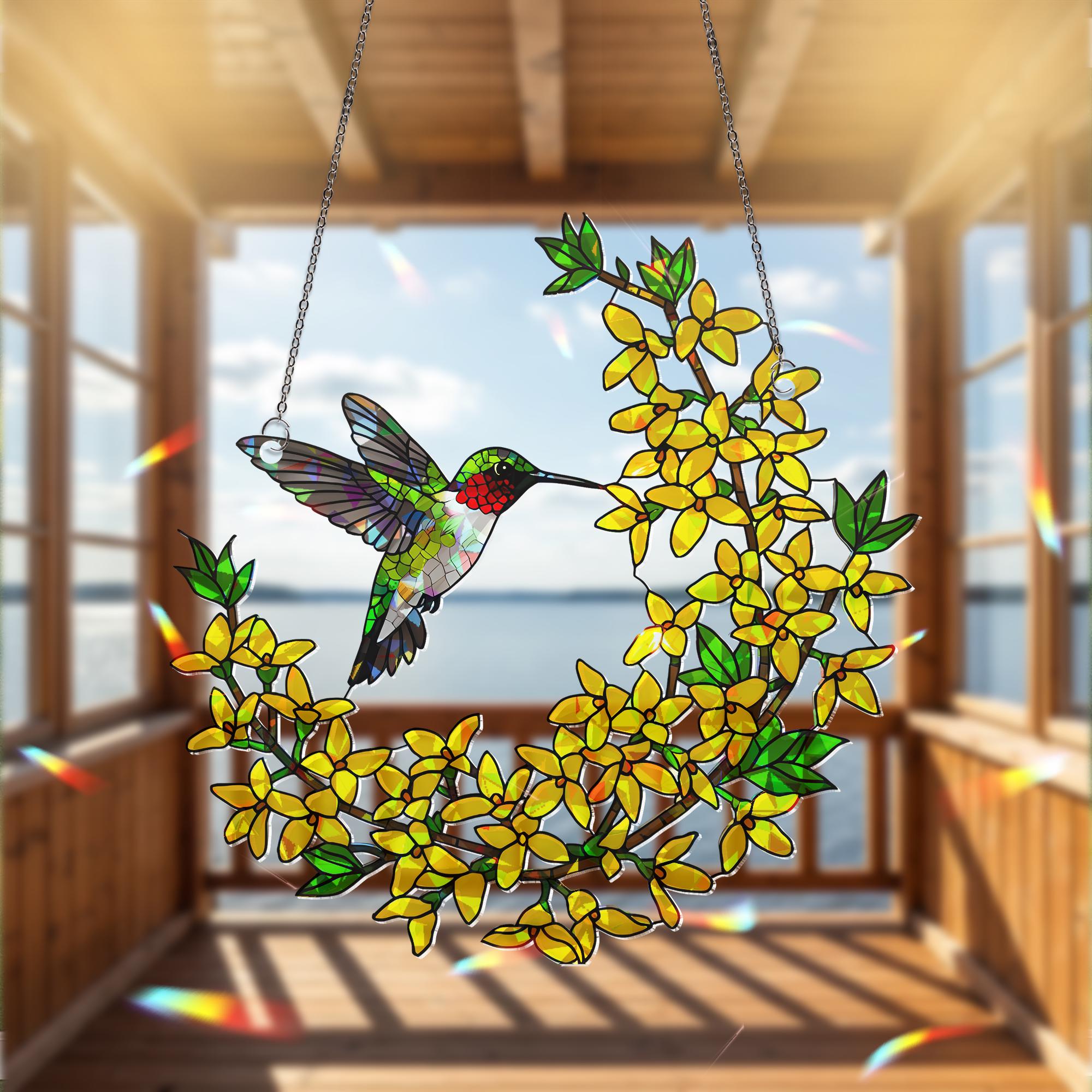 Hummingbird with Forsythia Flowers Acrylic Decor, Nature-Inspired Art, Bird Lover Gift, Floral Window Hanging, Spring Decor