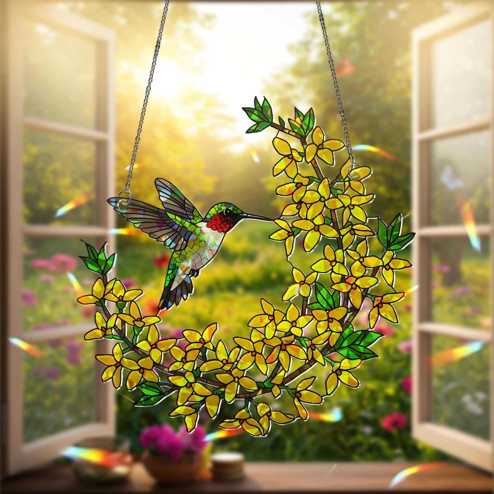 Hummingbird with Forsythia Flowers Acrylic Decor, Nature-Inspired Art, Bird Lover Gift, Floral Window Hanging, Spring Decor