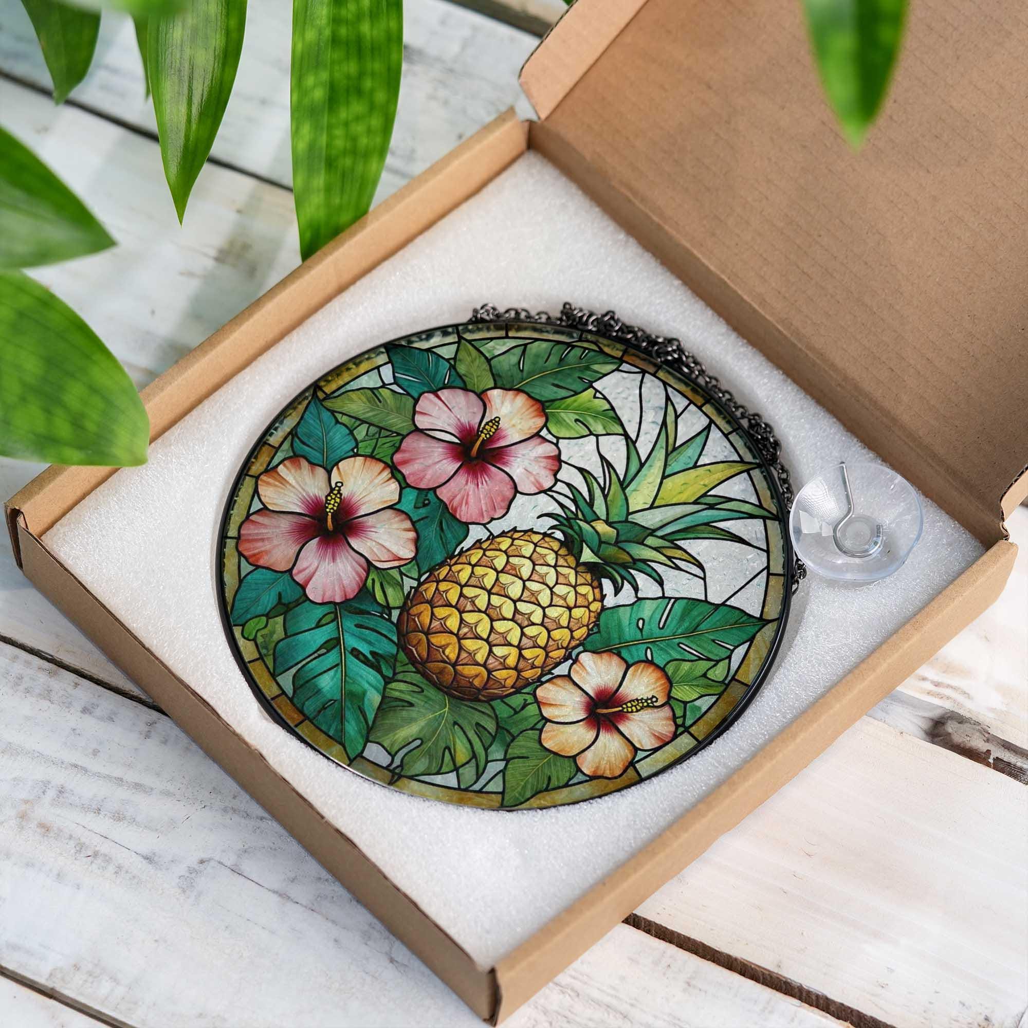 Tropical Pineapple Stained Glass Suncatcher, Summer Hibiscus Window Hanging, Sun Catcher Gift for Beach Home or Island Decor