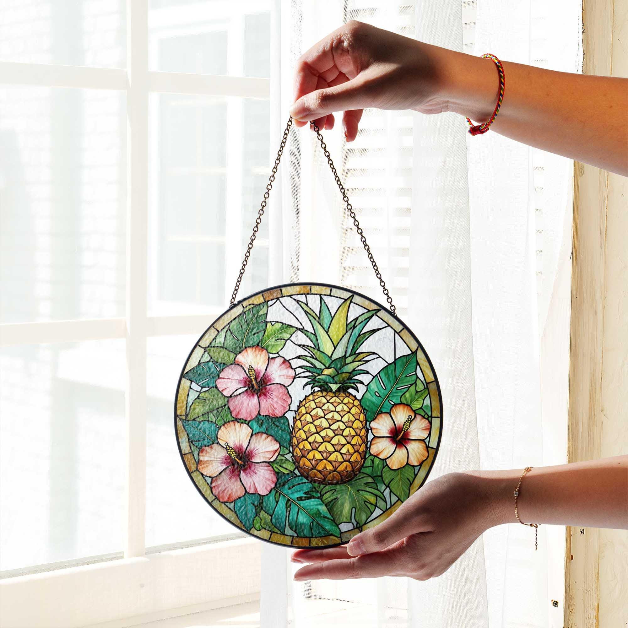 Tropical Pineapple Stained Glass Suncatcher, Summer Hibiscus Window Hanging, Sun Catcher Gift for Beach Home or Island Decor
