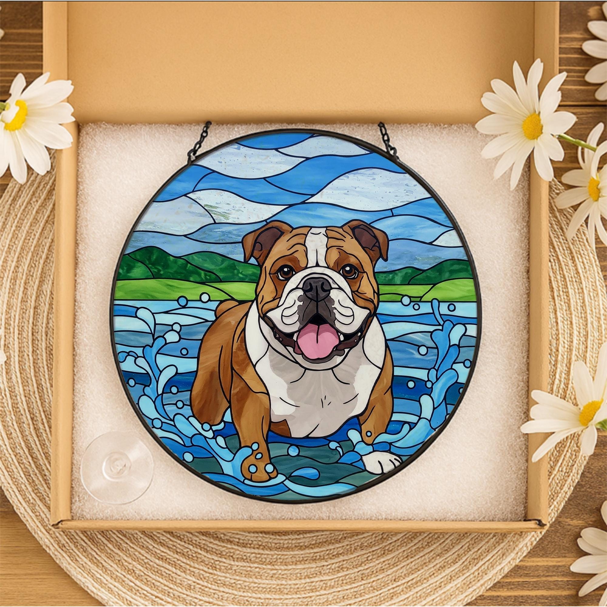 Bulldog Glass Suncatcher, Dog Playing in Water Window Art, Pet Lover Gift, Cute Animal Decor for Dog Owners, Dog Mom Gift, Dad/ Father Gift