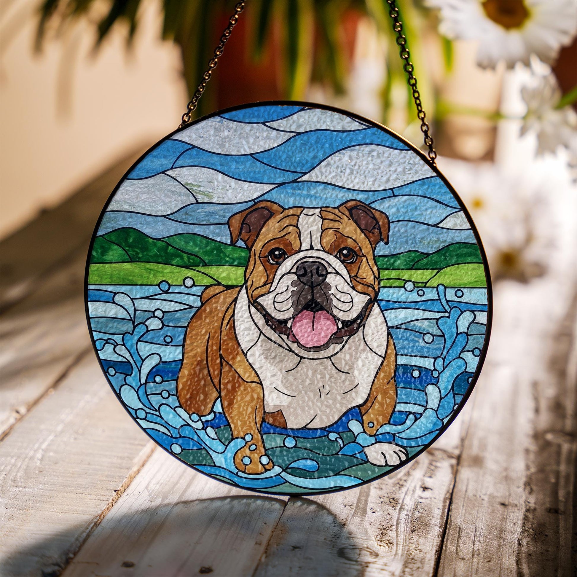 Bulldog Glass Suncatcher, Dog Playing in Water Window Art, Pet Lover Gift, Cute Animal Decor for Dog Owners, Dog Mom Gift, Dad/ Father Gift