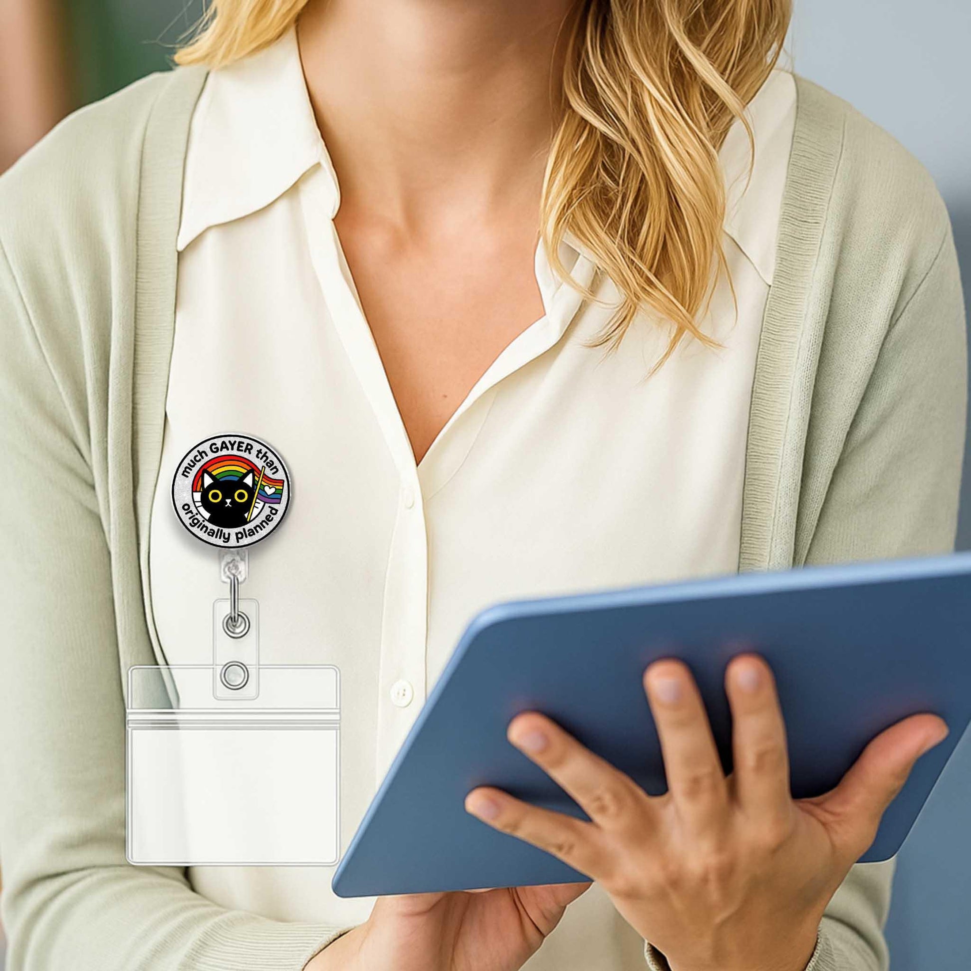 Funny Much Gayer Than Planned LGBT Badge Reel with Cat, ID Holder, Pride Gift for Nurses, Teachers, LGBTQ Office Accessories