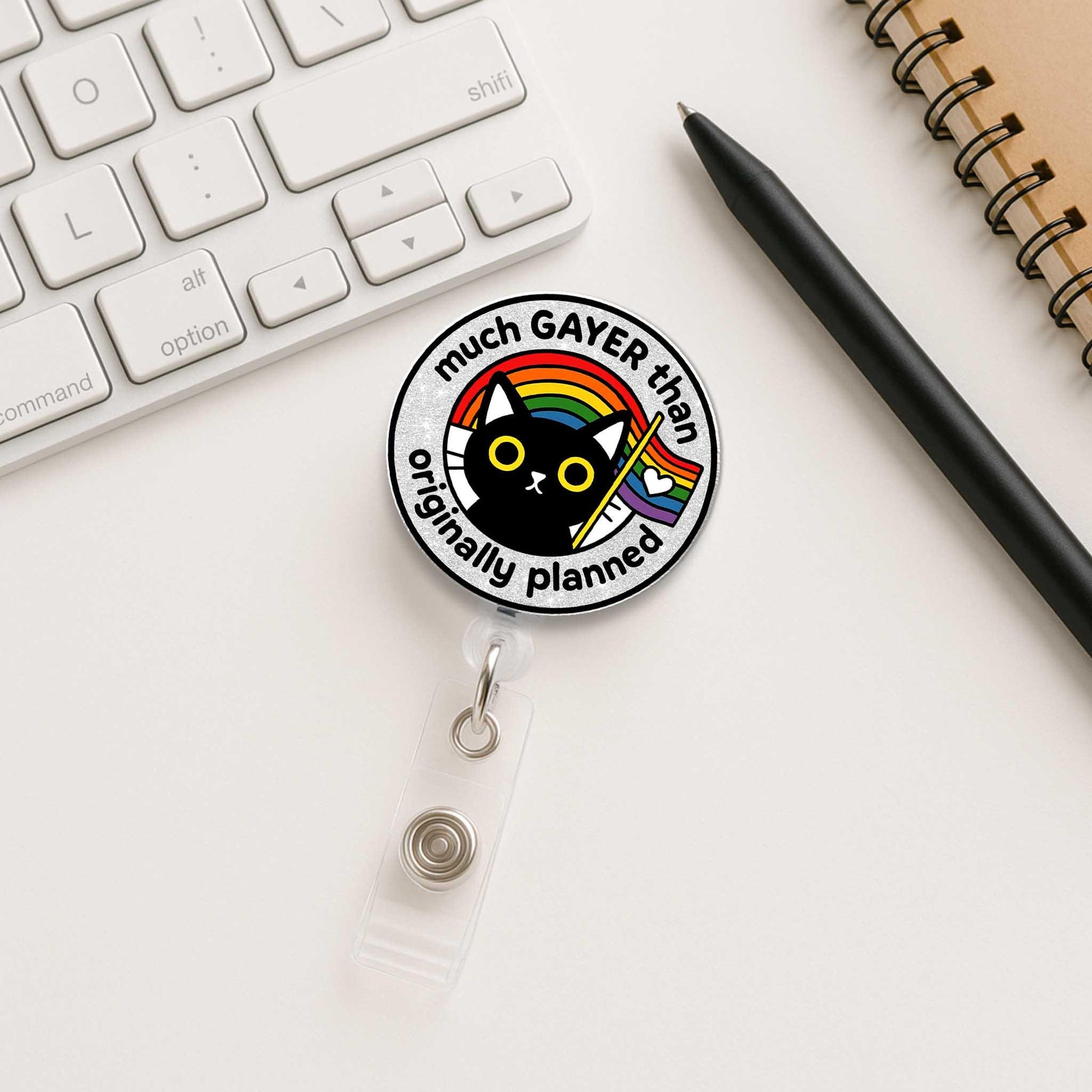 Funny Much Gayer Than Planned LGBT Badge Reel with Cat, ID Holder, Pride Gift for Nurses, Teachers, LGBTQ Office Accessories