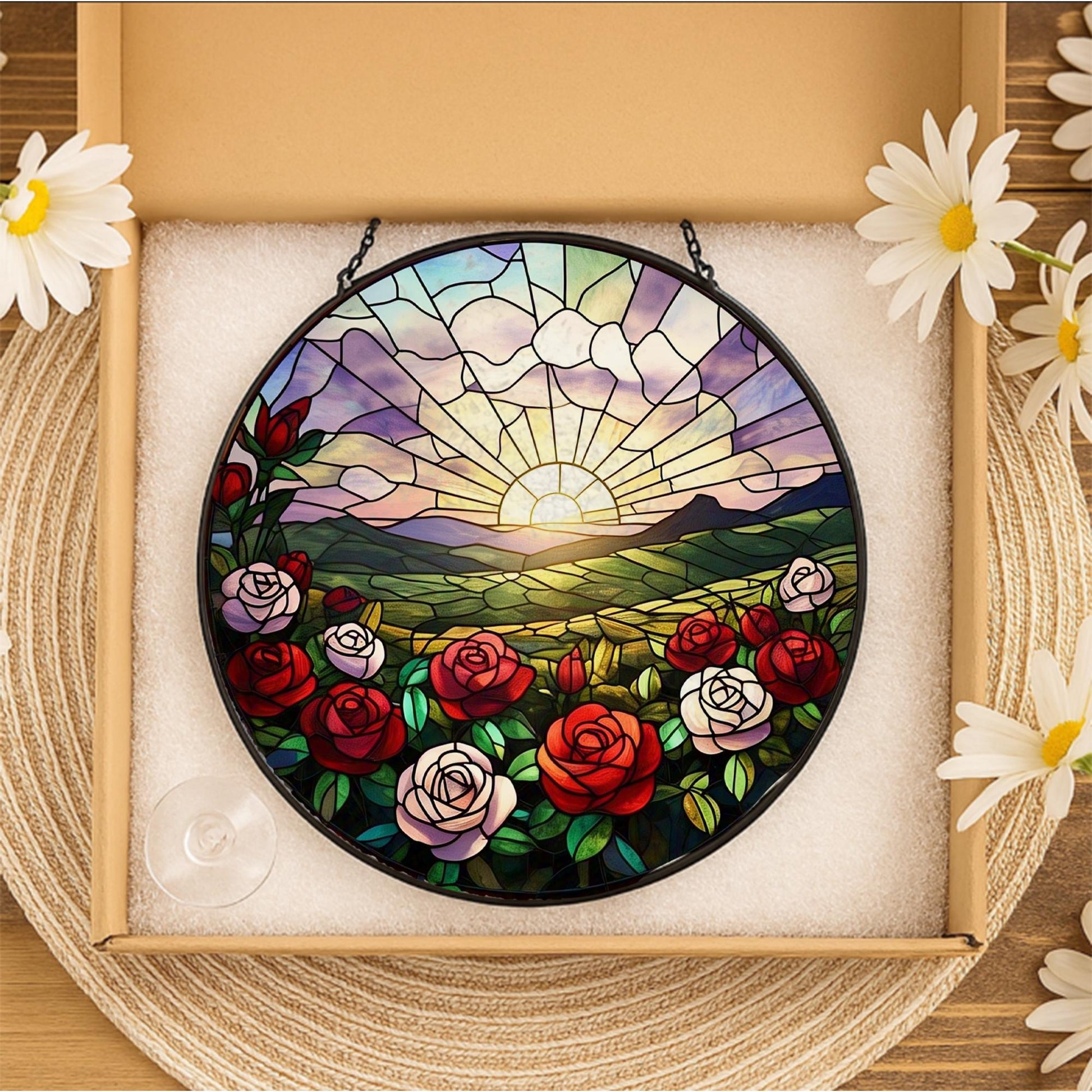 Rose flower Glass Suncatcher, Rose Sunset Window Hanging Gift, Rose Sun Catcher, Birthday Gift for Her, Summer Floral Decor