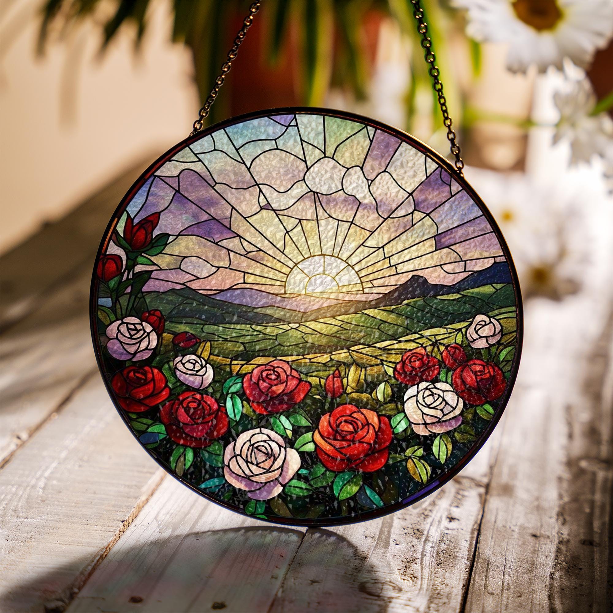 Rose flower Glass Suncatcher, Rose Sunset Window Hanging Gift, Rose Sun Catcher, Birthday Gift for Her, Summer Floral Decor