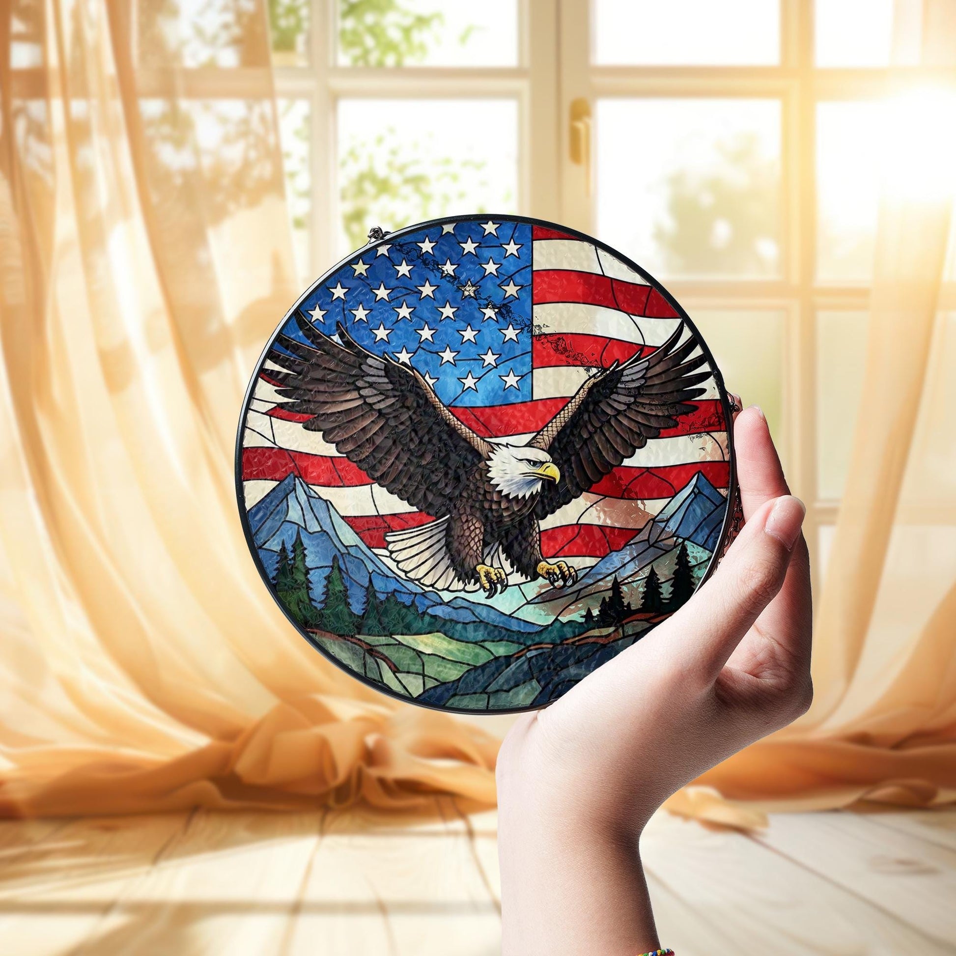 Bald Eagle American Flag Glass Suncatcher | Patriotic Window Decor | USA Eagle Sun Catcher | 4th of July Gift | Veteran Home Accent