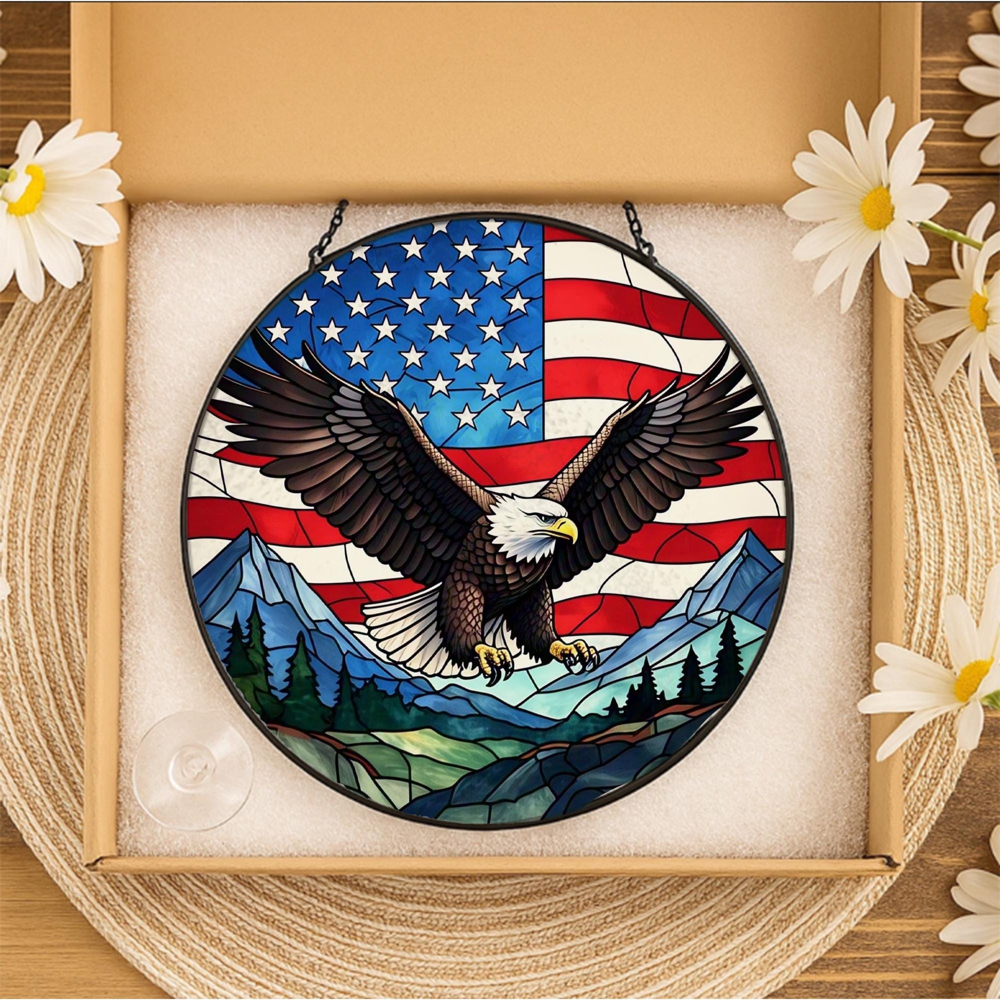 Bald Eagle American Flag Glass Suncatcher | Patriotic Window Decor | USA Eagle Sun Catcher | 4th of July Gift | Veteran Home Accent