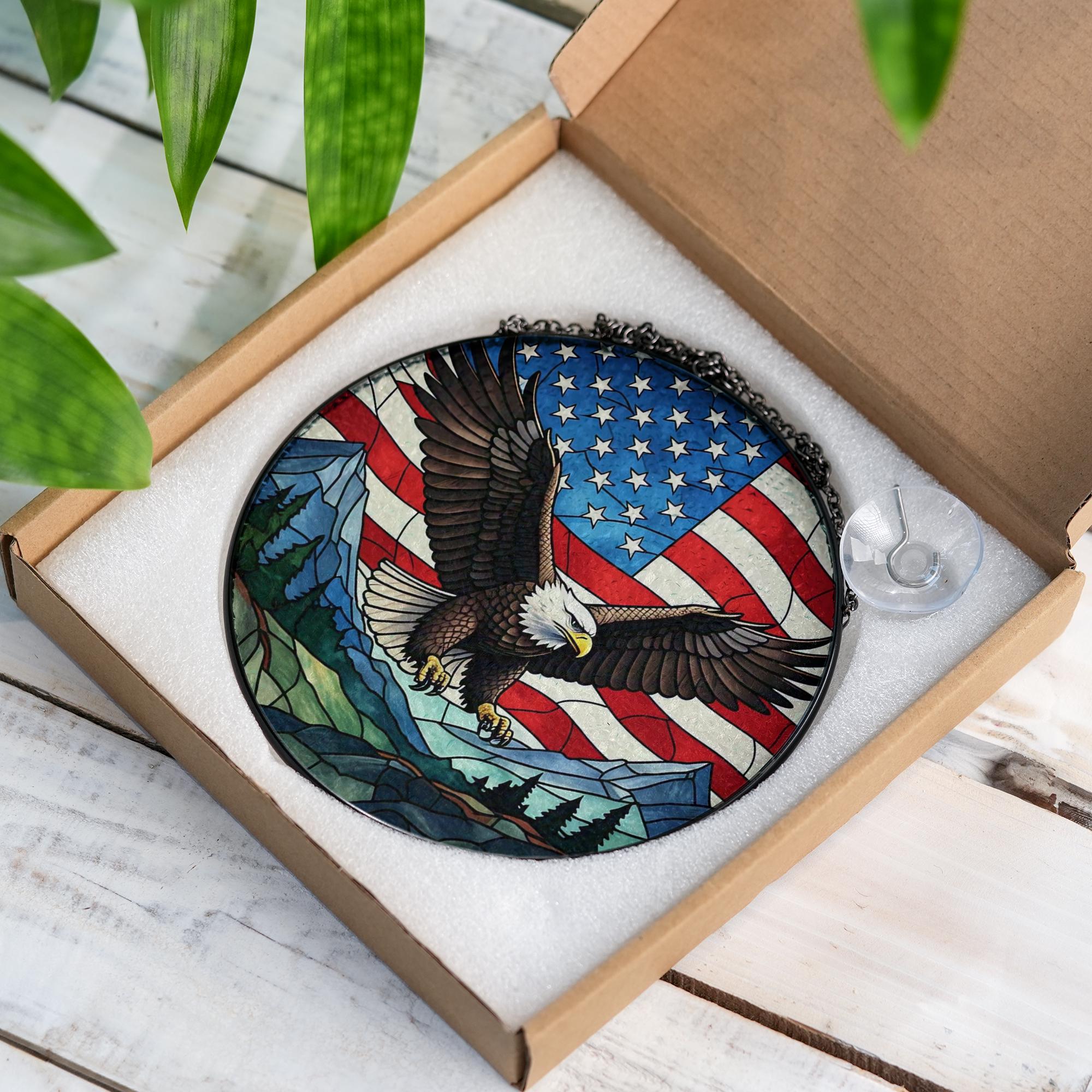 Bald Eagle American Flag Glass Suncatcher | Patriotic Window Decor | USA Eagle Sun Catcher | 4th of July Gift | Veteran Home Accent