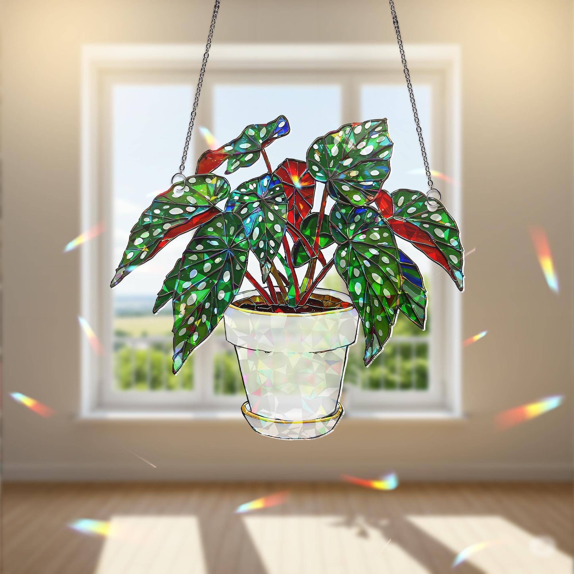 Begonia Maculata Suncatcher, Polka Dot Plant Window Decor, Holographic Acrylic Leaf Art, Hanging Houseplant Gift, Plant Lover Gift