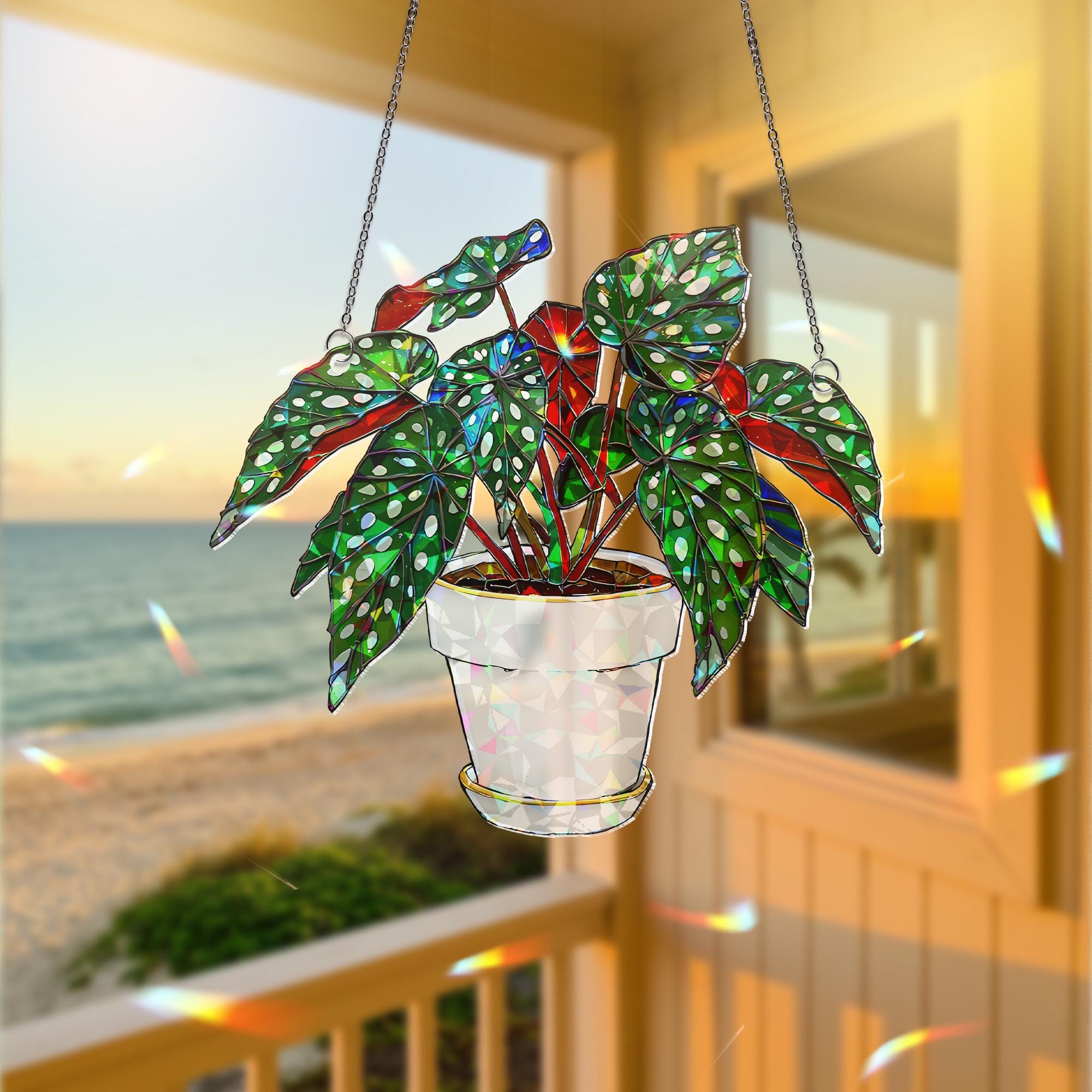 Begonia Maculata Suncatcher, Polka Dot Plant Window Decor, Holographic Acrylic Leaf Art, Hanging Houseplant Gift, Plant Lover Gift