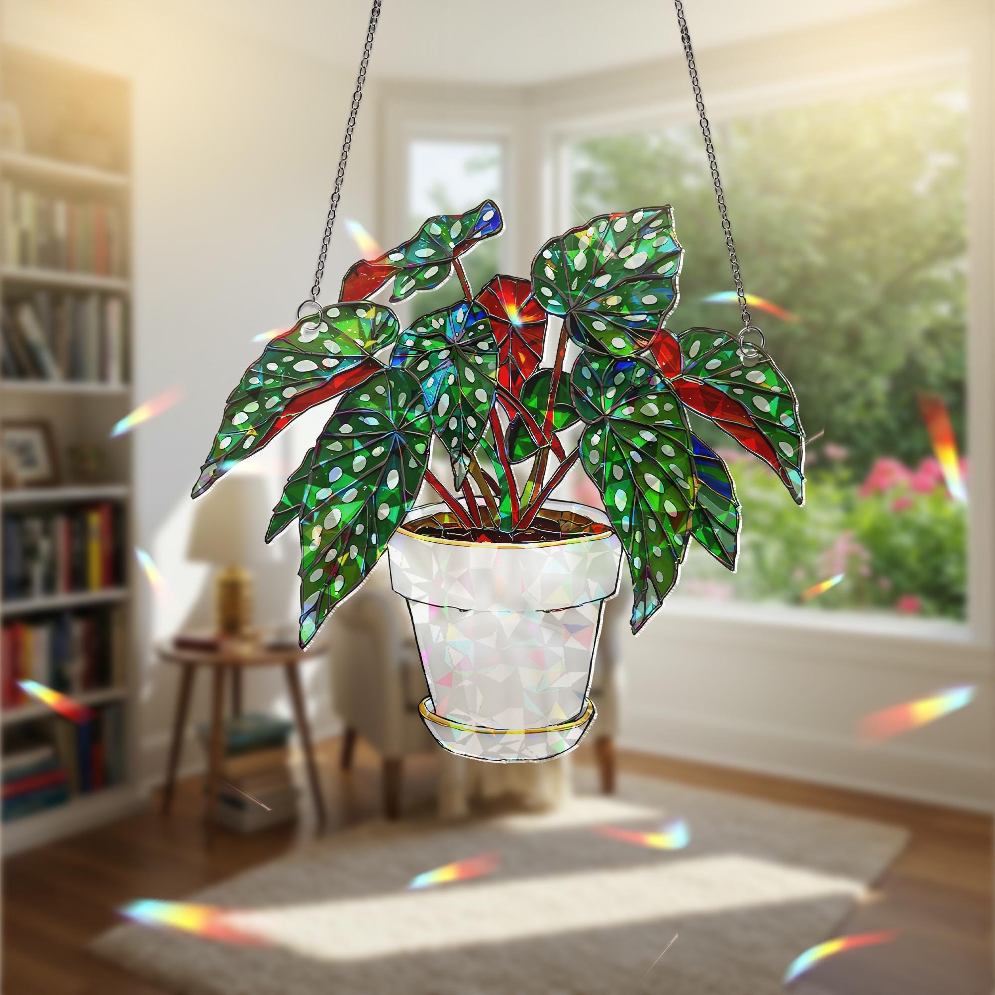 Begonia Maculata Suncatcher, Polka Dot Plant Window Decor, Holographic Acrylic Leaf Art, Hanging Houseplant Gift, Plant Lover Gift