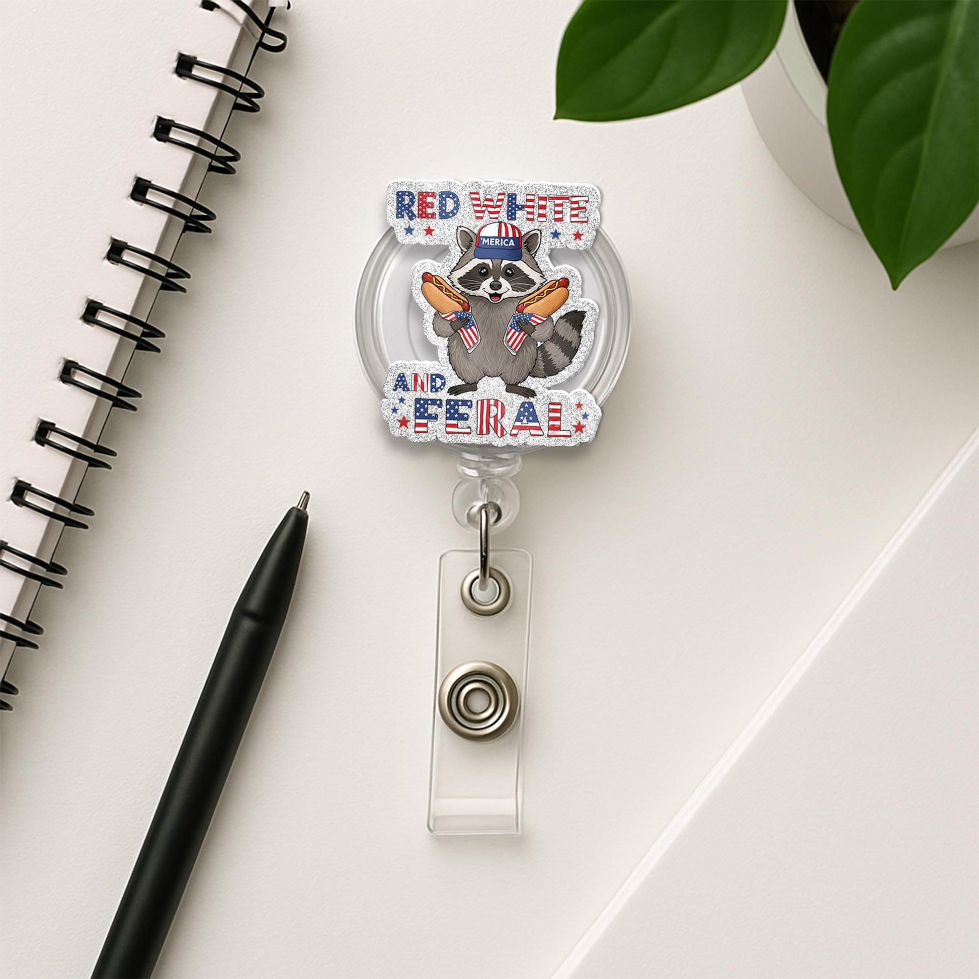 Red White and Feral Raccoon Badge Reel – Funny Patriotic ID Holder, 4th of July Nurse Gift, Cute USA Animal Work Accessory, Doctor Gift