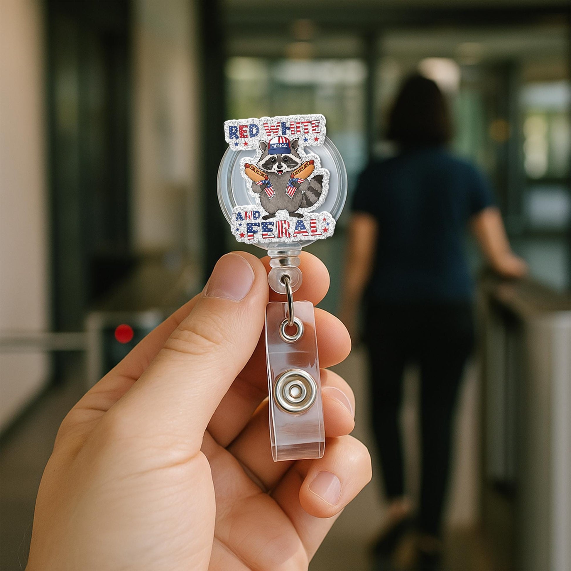 Red White and Feral Raccoon Badge Reel – Funny Patriotic ID Holder, 4th of July Nurse Gift, Cute USA Animal Work Accessory, Doctor Gift