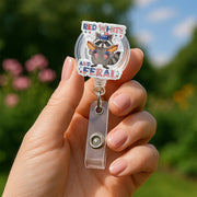Red White and Feral Raccoon Badge Reel – Funny Patriotic ID Holder, 4th of July Nurse Gift, Cute USA Animal Work Accessory, Doctor Gift