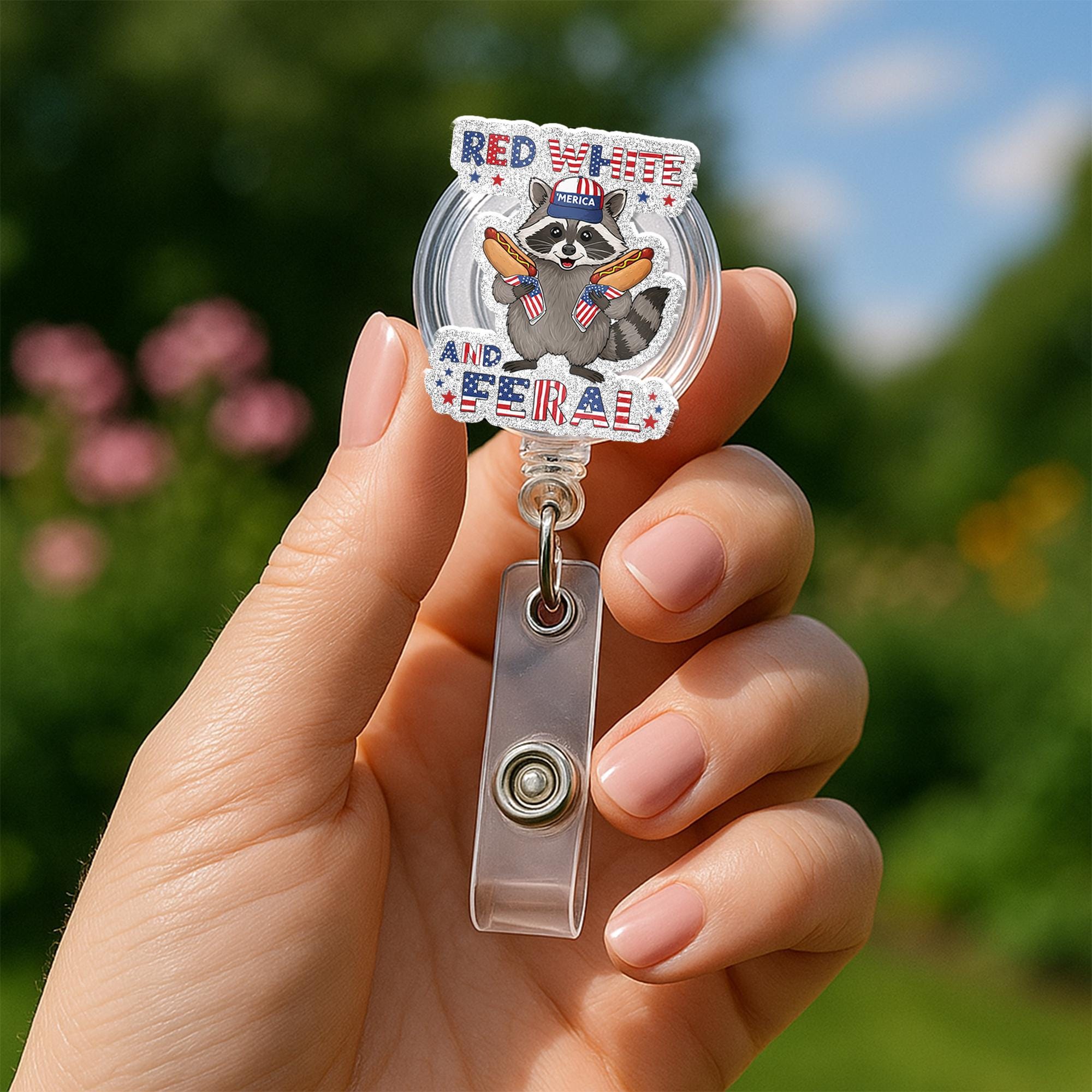 Red White and Feral Raccoon Badge Reel – Funny Patriotic ID Holder, 4th of July Nurse Gift, Cute USA Animal Work Accessory, Doctor Gift