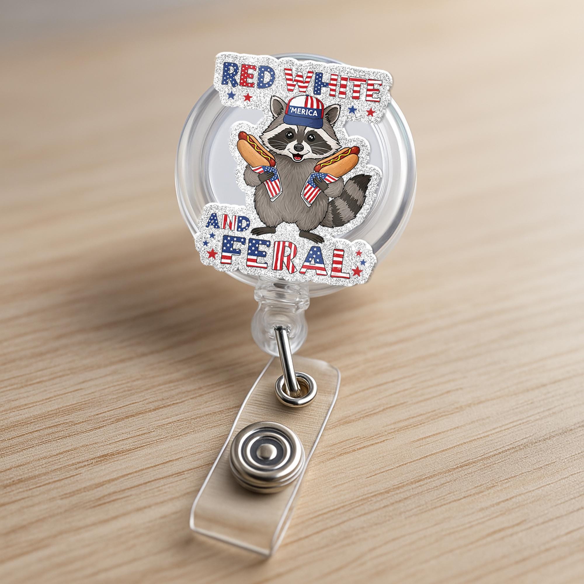 Red White and Feral Raccoon Badge Reel – Funny Patriotic ID Holder, 4th of July Nurse Gift, Cute USA Animal Work Accessory, Doctor Gift