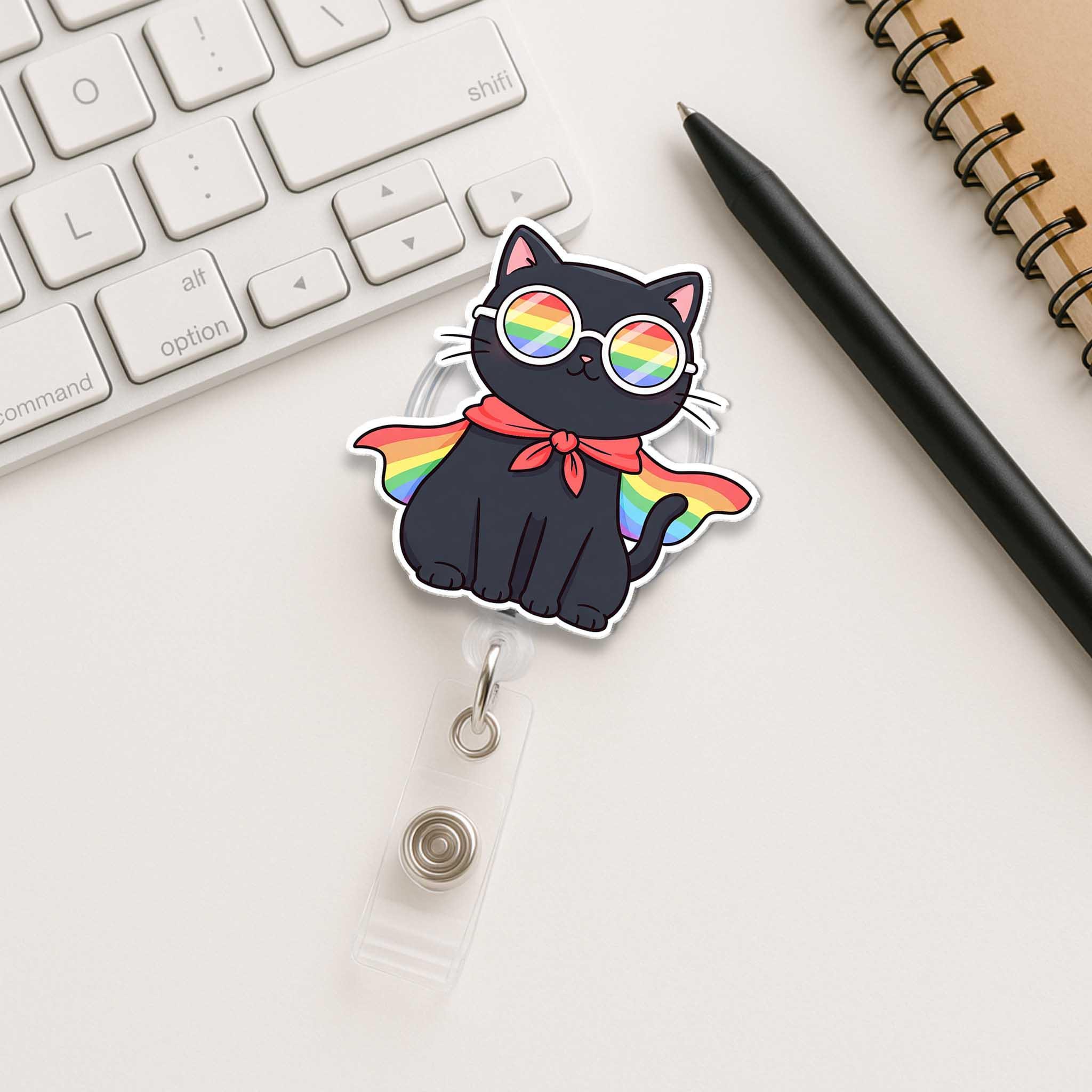 Rainbow Cat Badge Reel, LGBTQ+ Pride ID Holder for Nurses & Teachers, Cute Retractable Name Tag Clip, International LGBT Gift