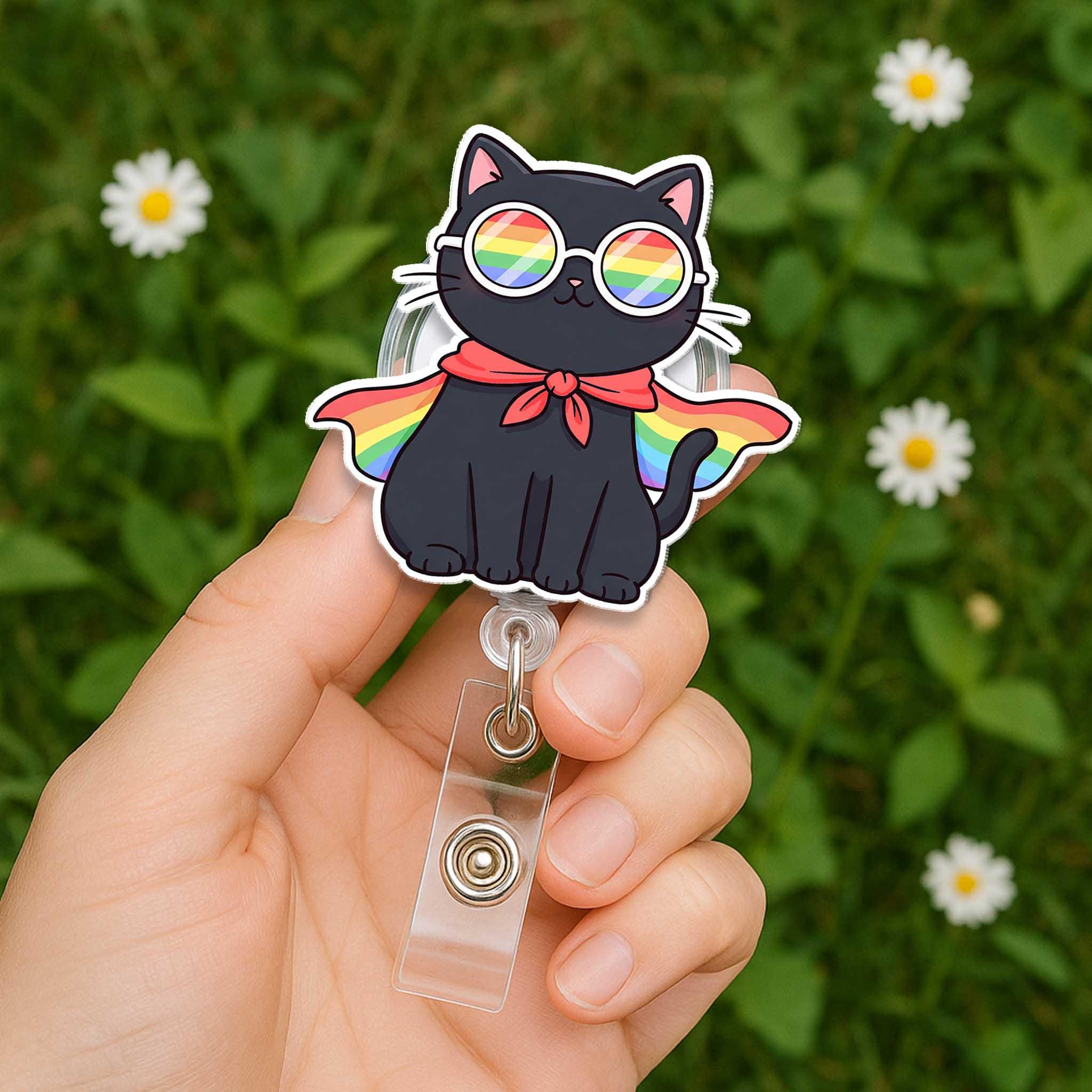 Rainbow Cat Badge Reel, LGBTQ+ Pride ID Holder for Nurses & Teachers, Cute Retractable Name Tag Clip, International LGBT Gift