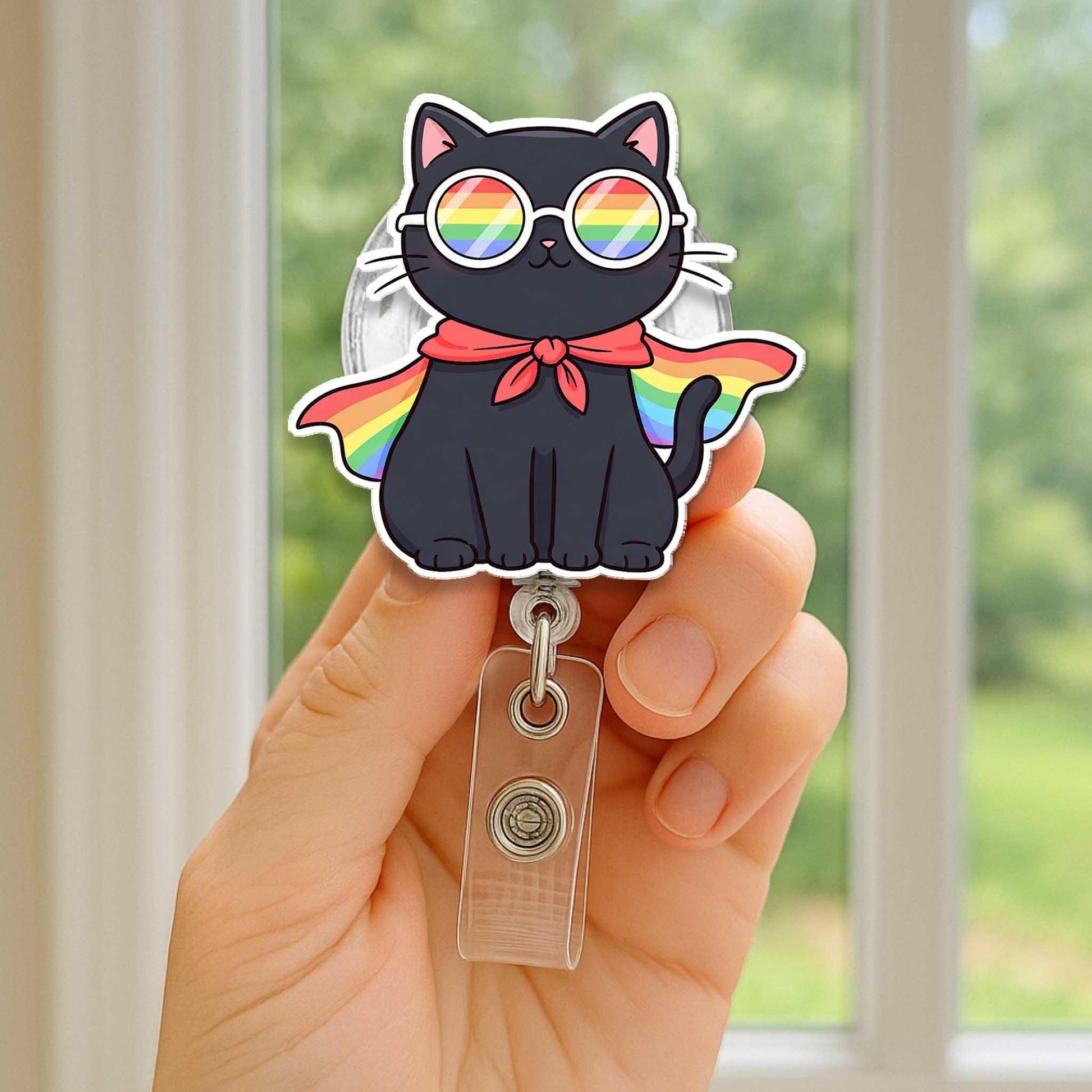 Rainbow Cat Badge Reel, LGBTQ+ Pride ID Holder for Nurses & Teachers, Cute Retractable Name Tag Clip, International LGBT Gift