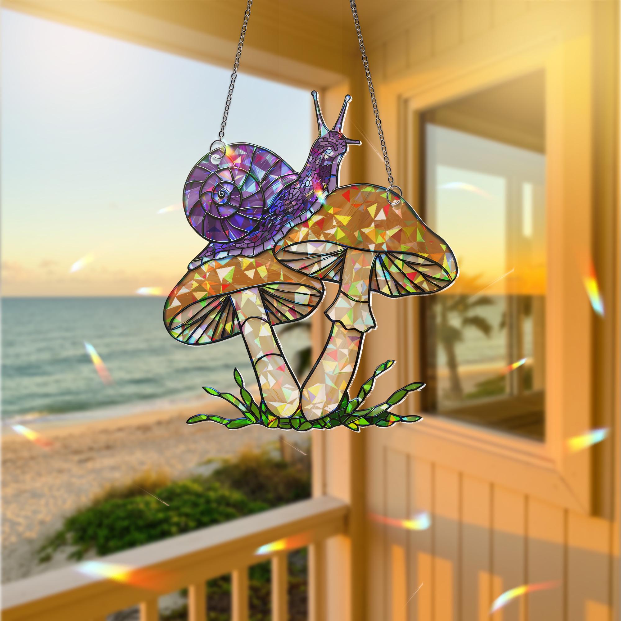 Snail Mushroom Suncatcher, Holographic Acrylic Window Hanging, Cottagecore Window Art, Nature Decor, Boho Crystal Light Catcher
