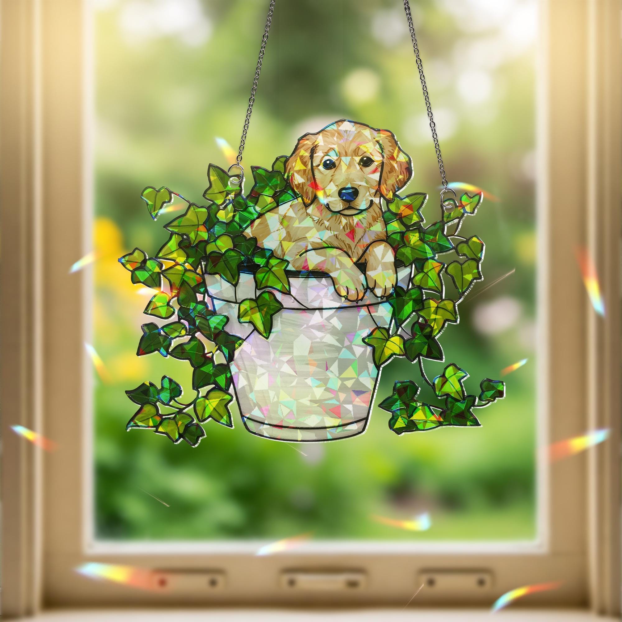 Golden Retriever in Ivy Plant Hologram Ornament | Dog ACRYLIC Window Hanging | Plant Lover Gift | Ivy Plants Decor, Dog Decor, Gift For Mom