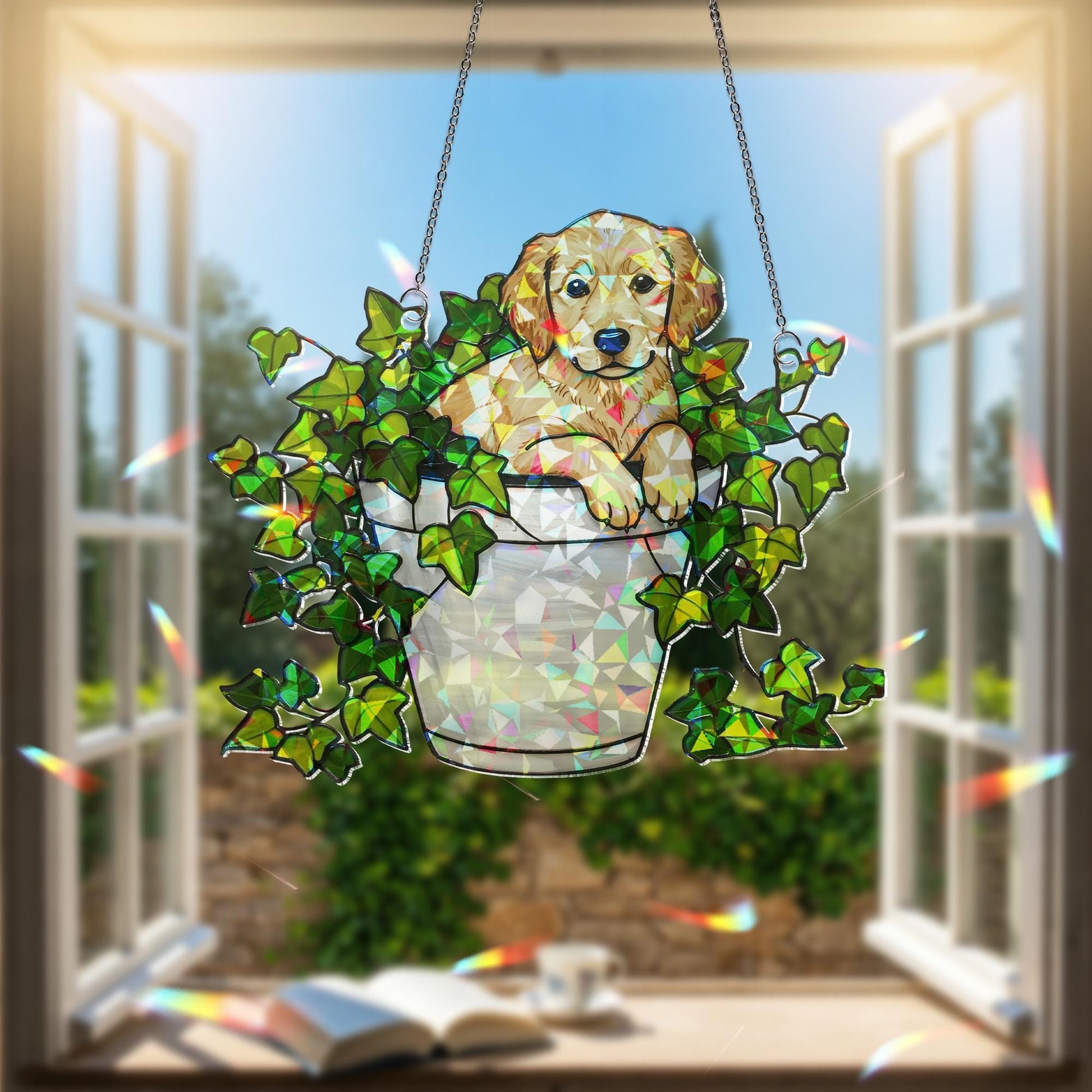 Golden Retriever in Ivy Plant Hologram Ornament | Dog ACRYLIC Window Hanging | Plant Lover Gift | Ivy Plants Decor, Dog Decor, Gift For Mom