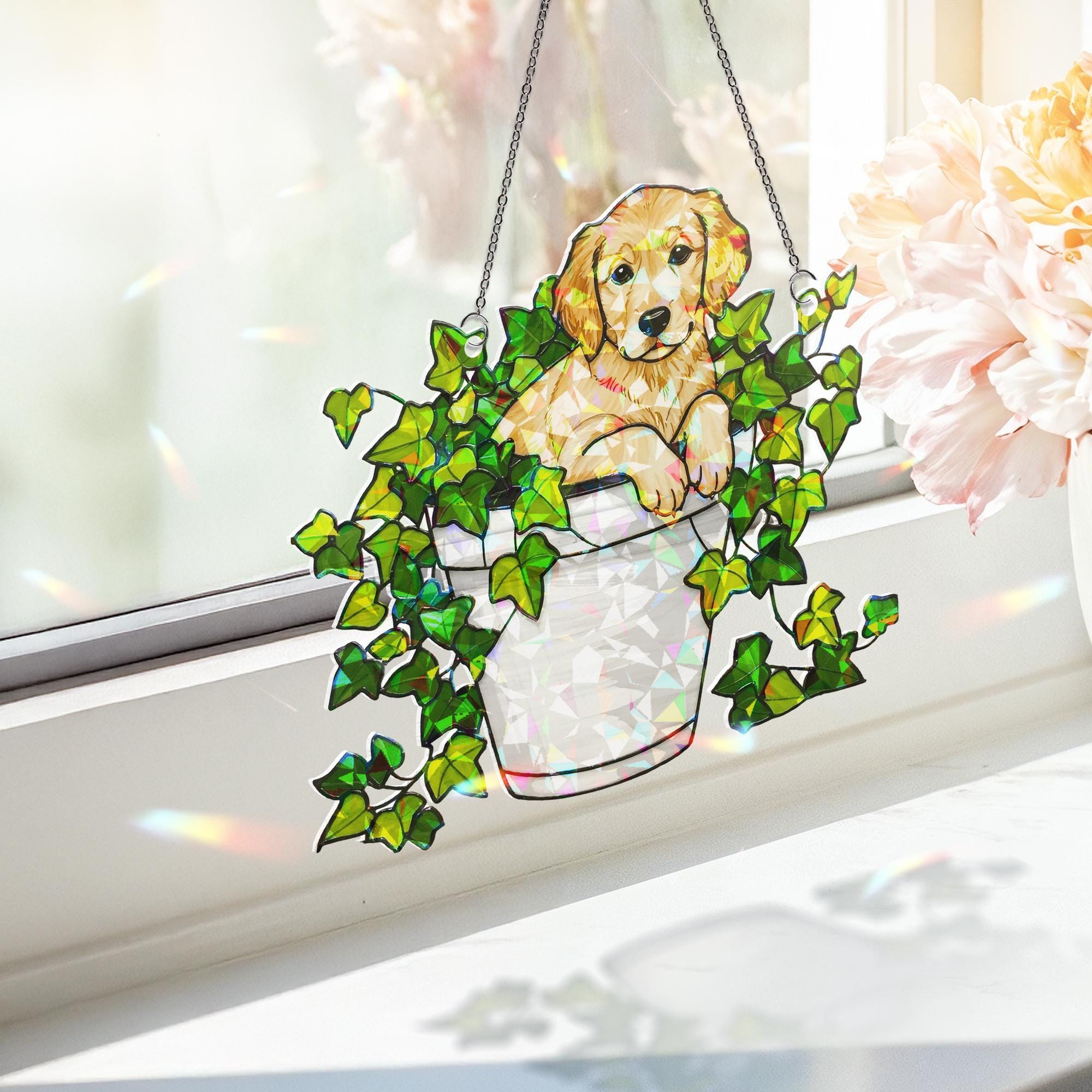 Golden Retriever in Ivy Plant Hologram Ornament | Dog ACRYLIC Window Hanging | Plant Lover Gift | Ivy Plants Decor, Dog Decor, Gift For Mom