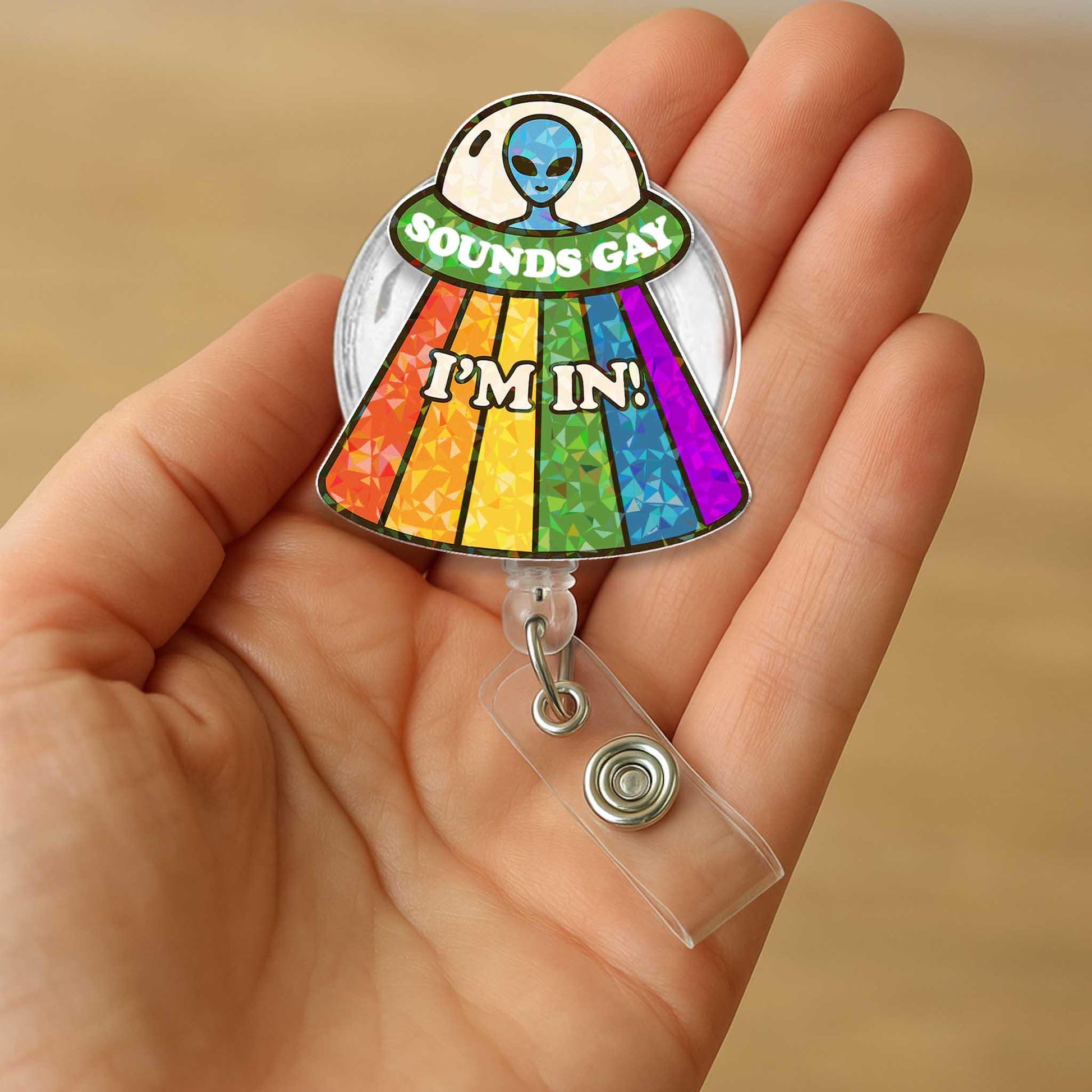 Funny Alien Sounds Gay I’m In LGBT Badge Reel, Rainbow ID Holder, Queer Pride Retractable Name Tag Clip, LGBTQ+ Gift