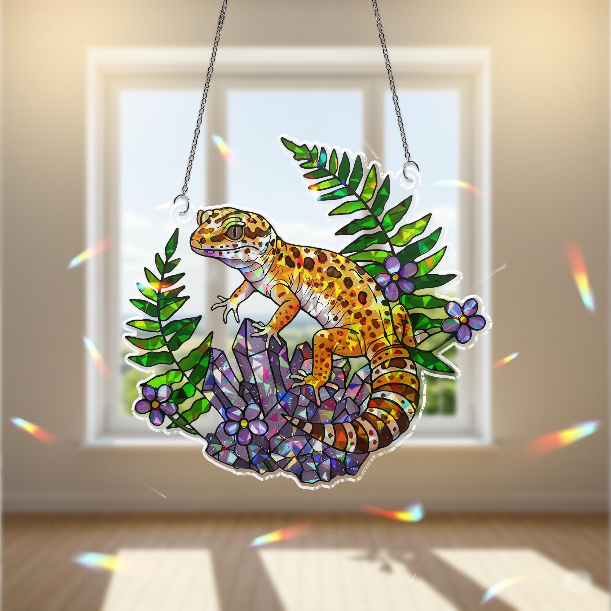 Leopard Gecko Suncatcher, Holographic Acrylic Lizard Decor, Jungle Crystal Window Art, Reptile Lover Gift, Nature Sunlight Charm,Reptile Mom