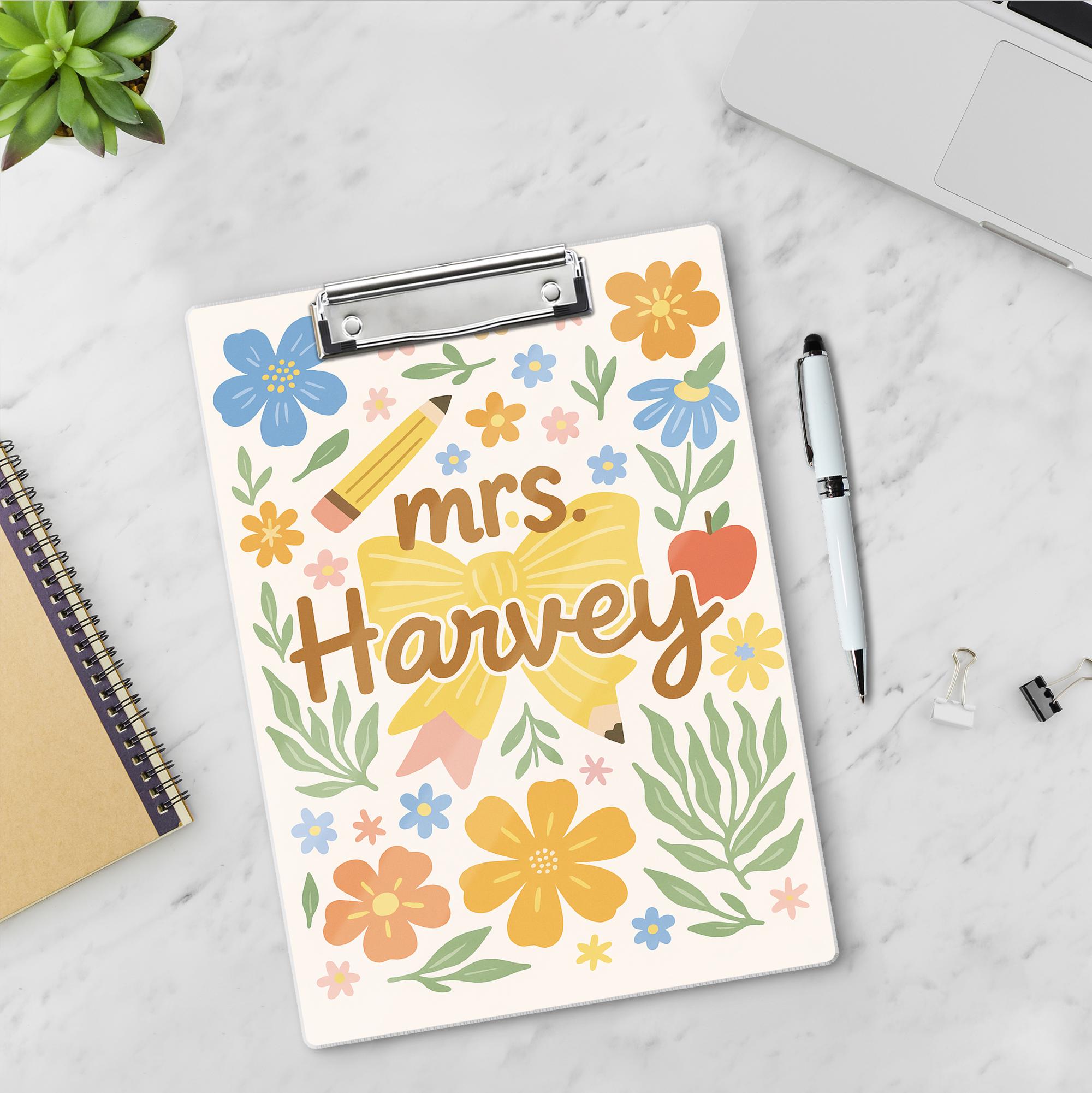 Personalized Teacher Appreciation Gift, Custom Teacher Clipboard, Groovy Floral Teacher Clipboard, Coquette Teacher Bow Clipboard