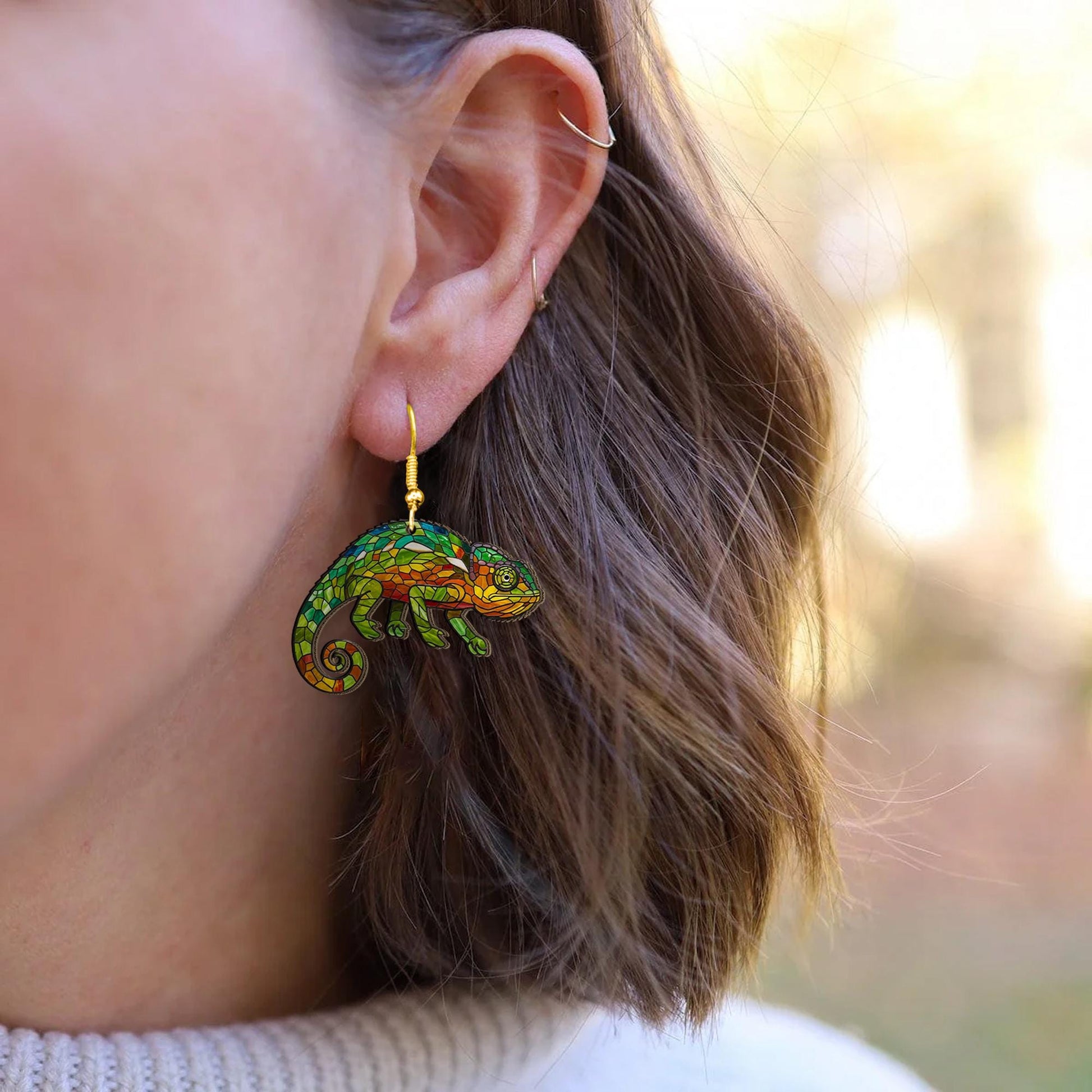 Colorful Chameleon Acrylic Earrings, Lizard Jewelry, Reptile Lover Gift, Fun Animal Dangle Earrings for Nature Fans, Tropical Gift For Mom