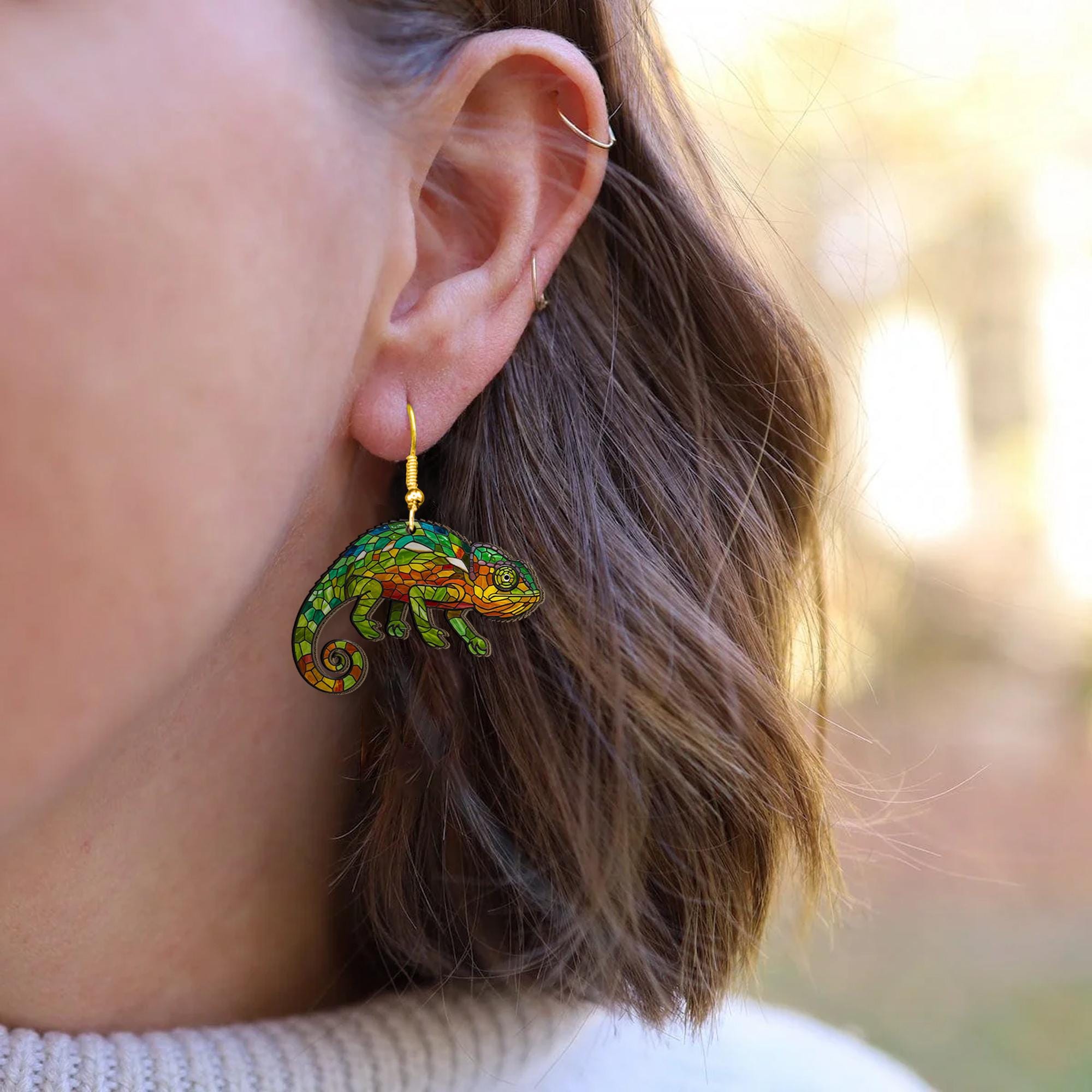 Colorful Chameleon Acrylic Earrings, Lizard Jewelry, Reptile Lover Gift, Fun Animal Dangle Earrings for Nature Fans, Tropical Gift For Mom